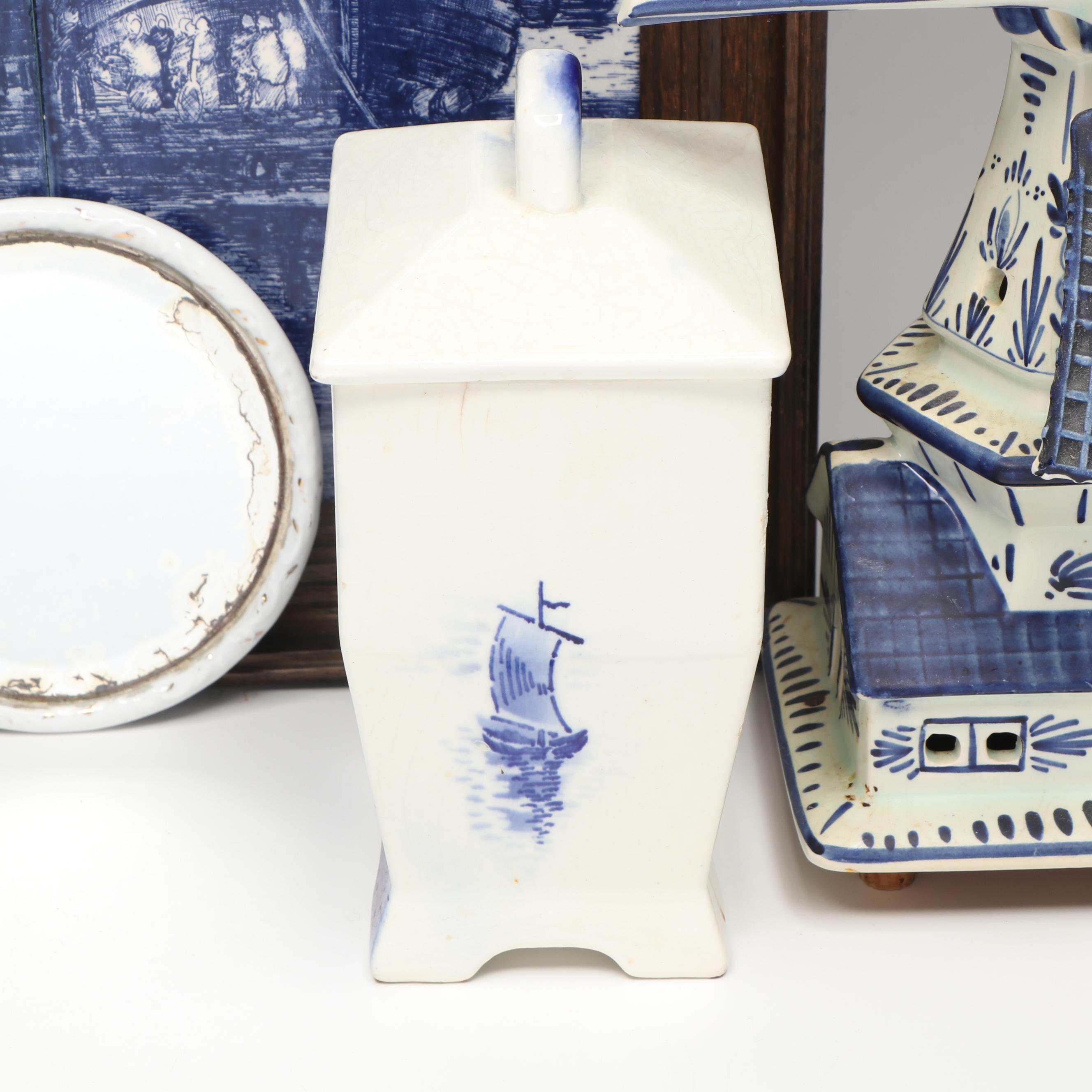 Framed Dutch Nautical Scene Delft with Windmill Lamp and Other Décor