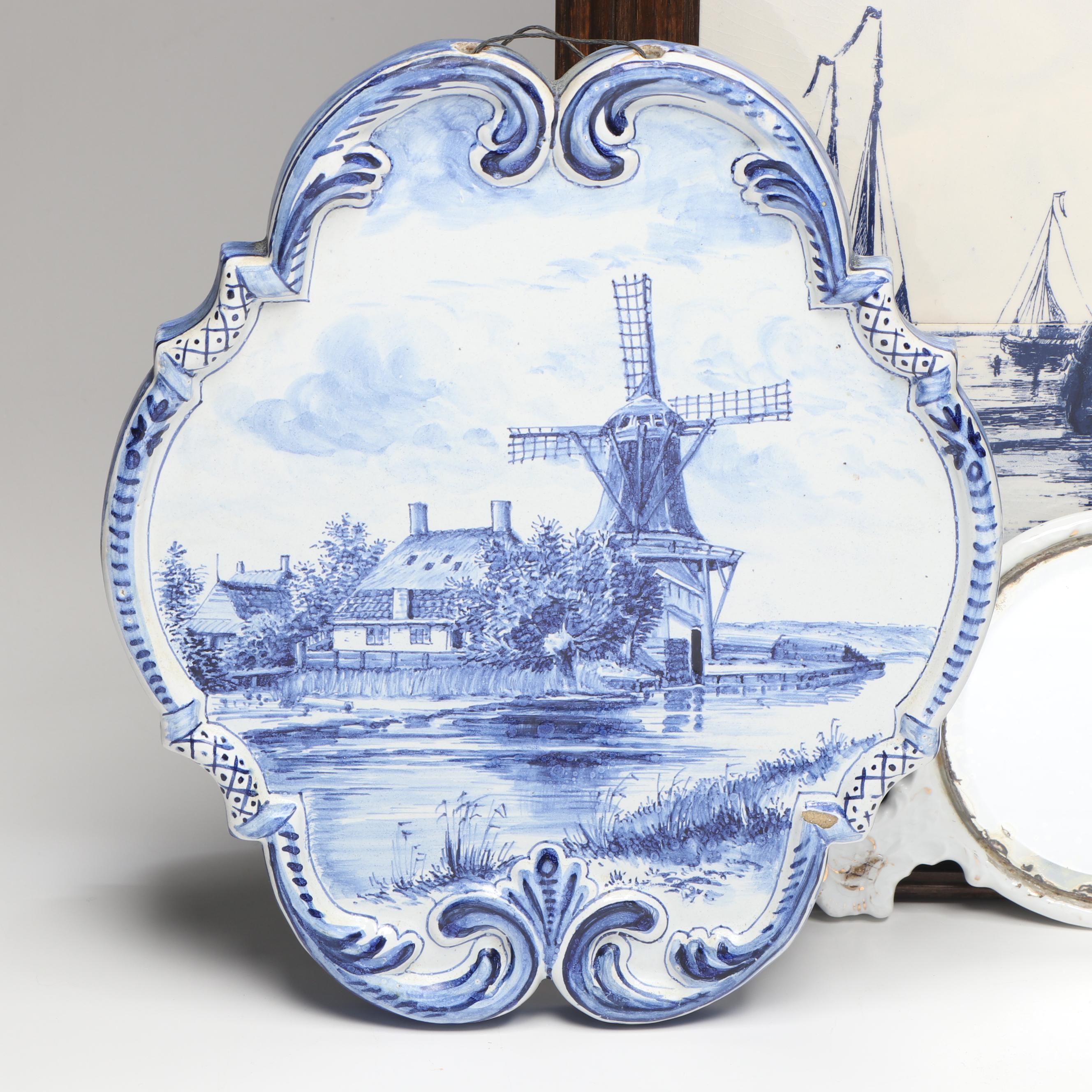 Framed Dutch Nautical Scene Delft with Windmill Lamp and Other Décor