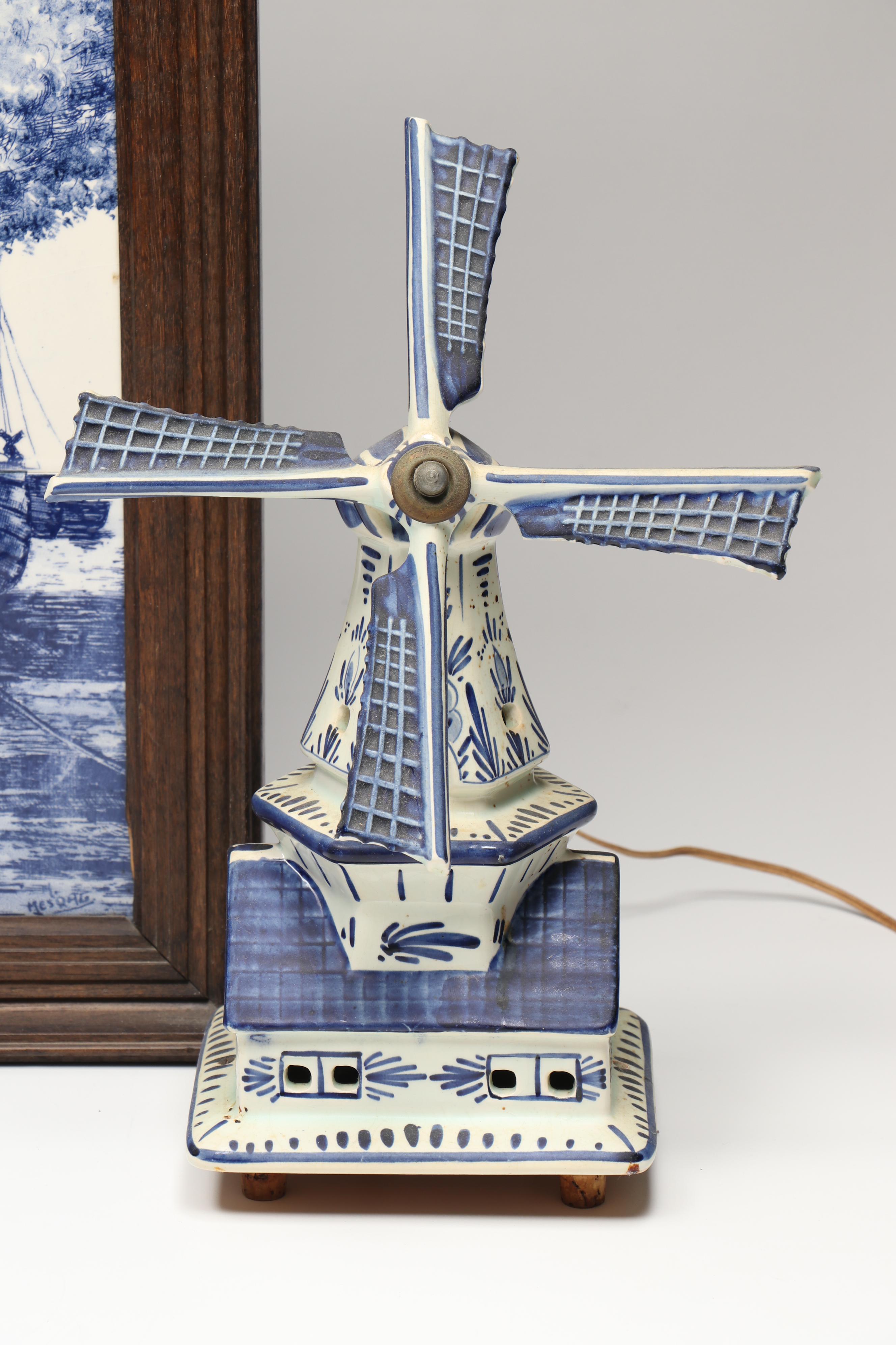 Framed Dutch Nautical Scene Delft with Windmill Lamp and Other Décor