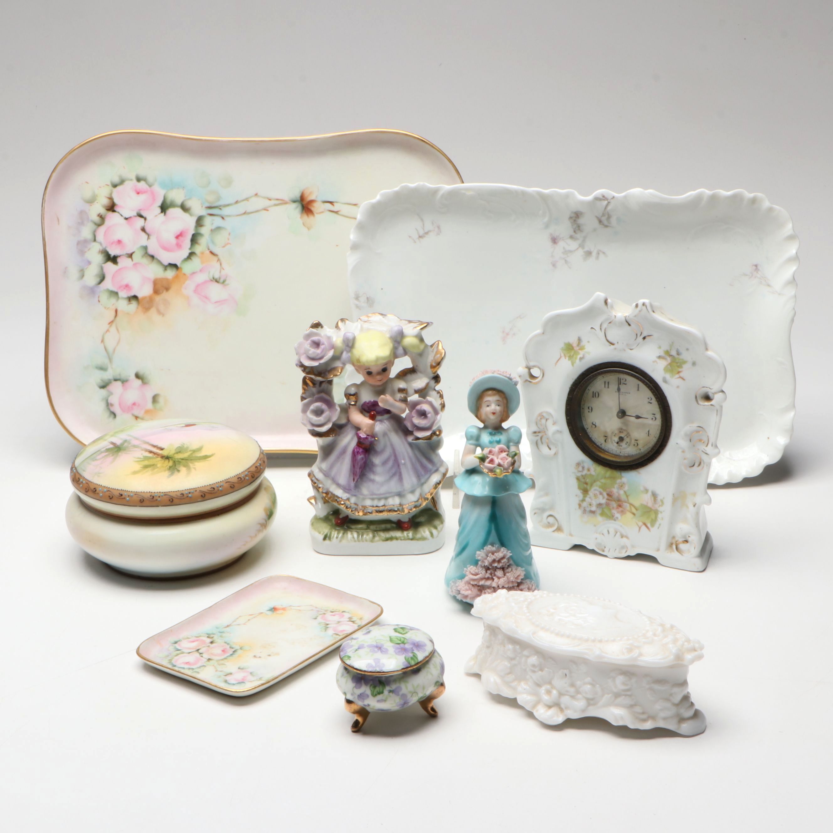 French and East Asian Hand-Painted Porcelain Boxes, Clock and More