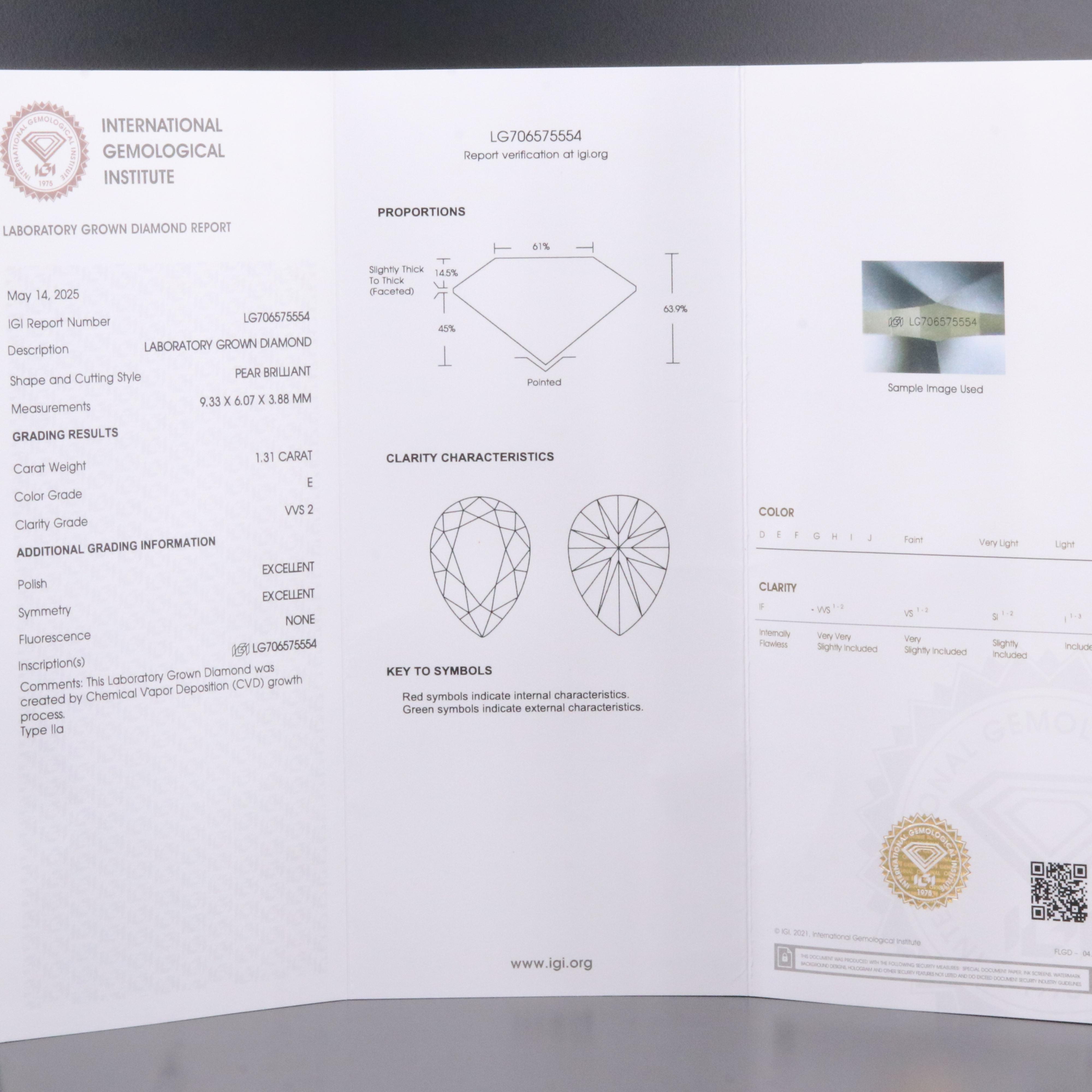 Loose 1.31 CT Lab Grown Diamond with IGI Report