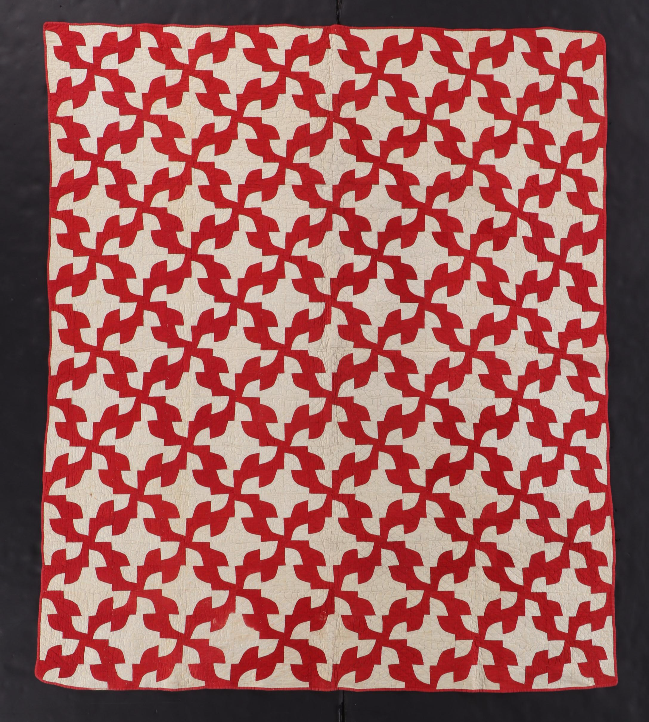 Hand-Pieced "Drunkard's Path" with Other Embroidered Redwork Cotton Quilt