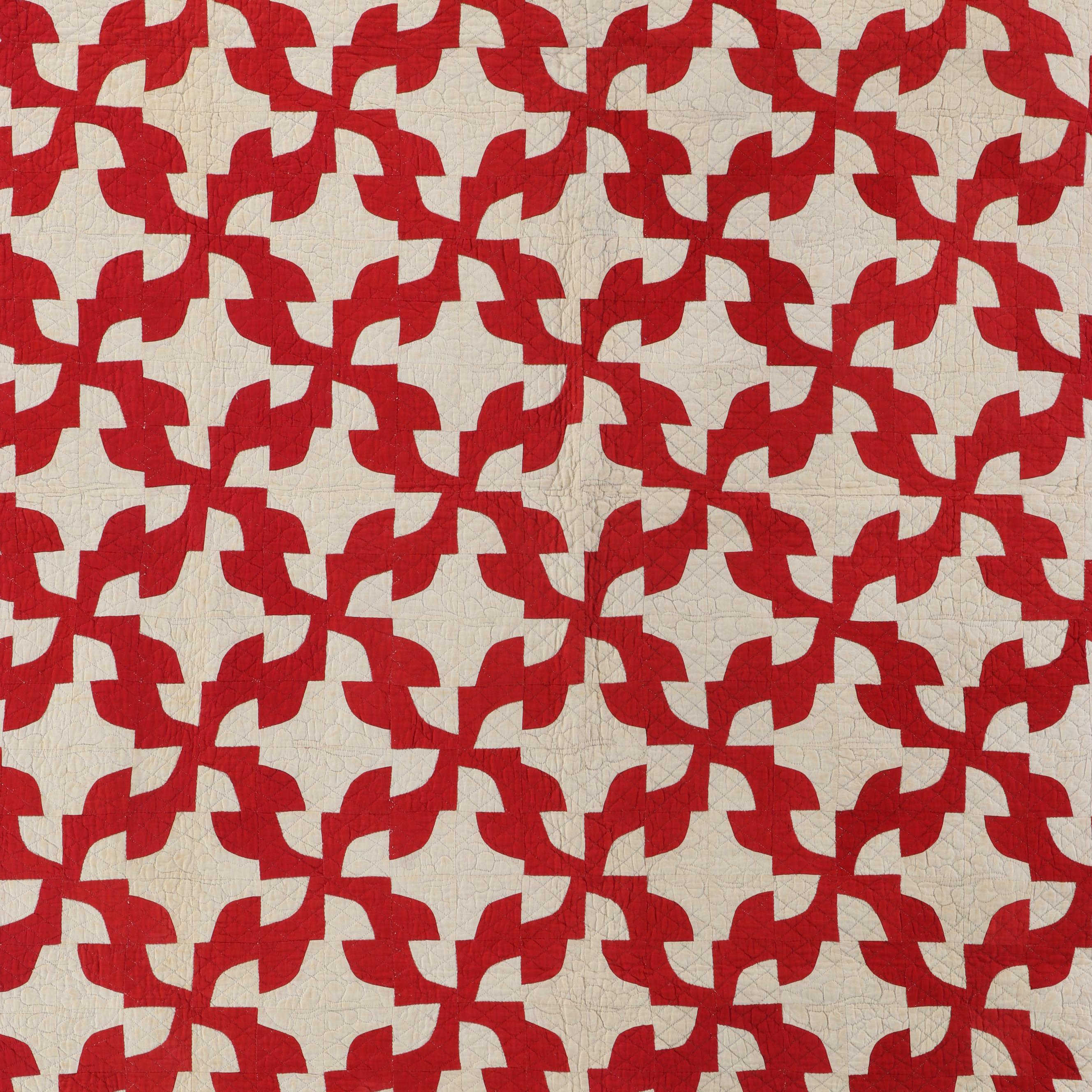 Hand-Pieced "Drunkard's Path" with Other Embroidered Redwork Cotton Quilt