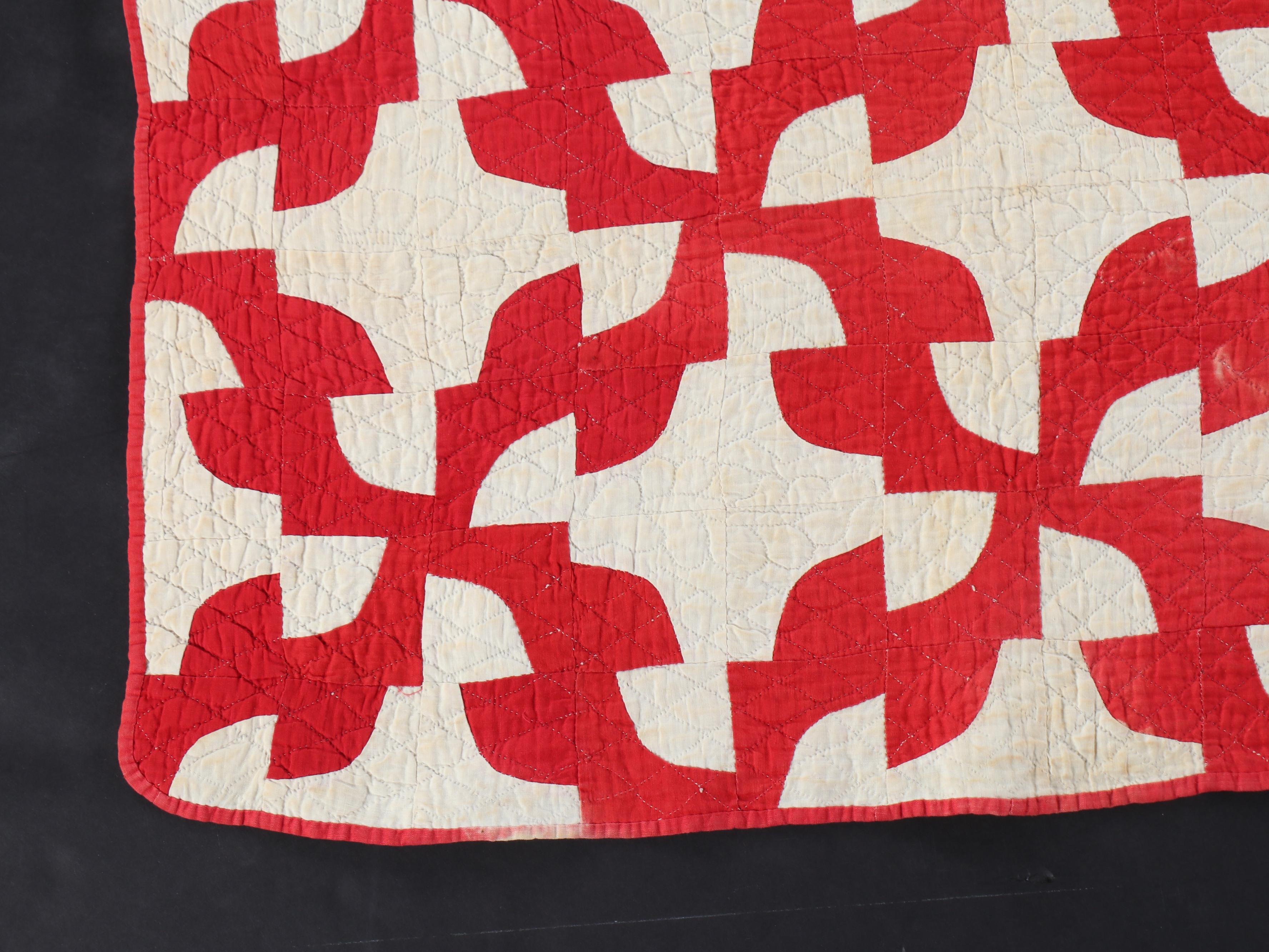 Hand-Pieced "Drunkard's Path" with Other Embroidered Redwork Cotton Quilt