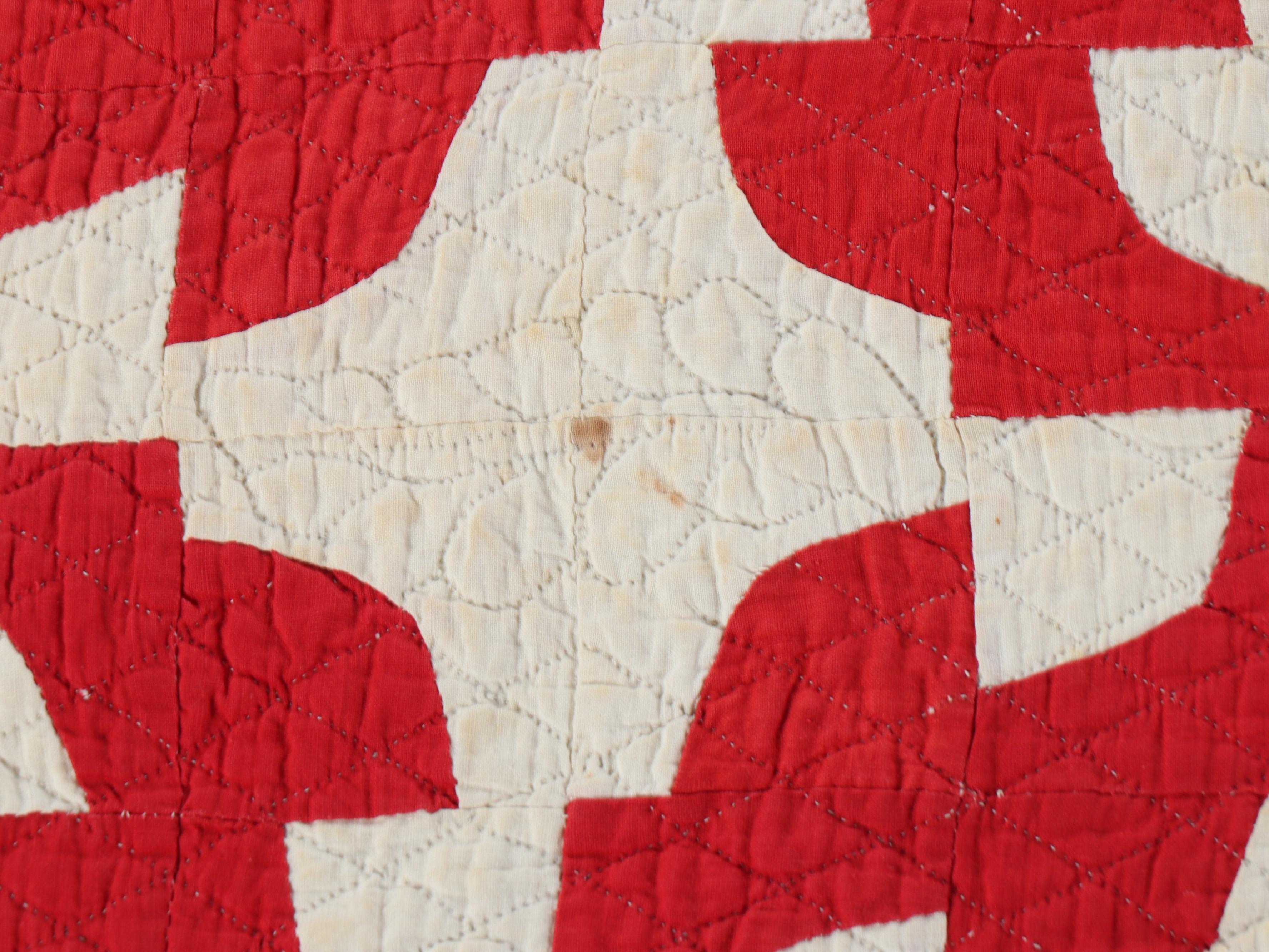 Hand-Pieced "Drunkard's Path" with Other Embroidered Redwork Cotton Quilt