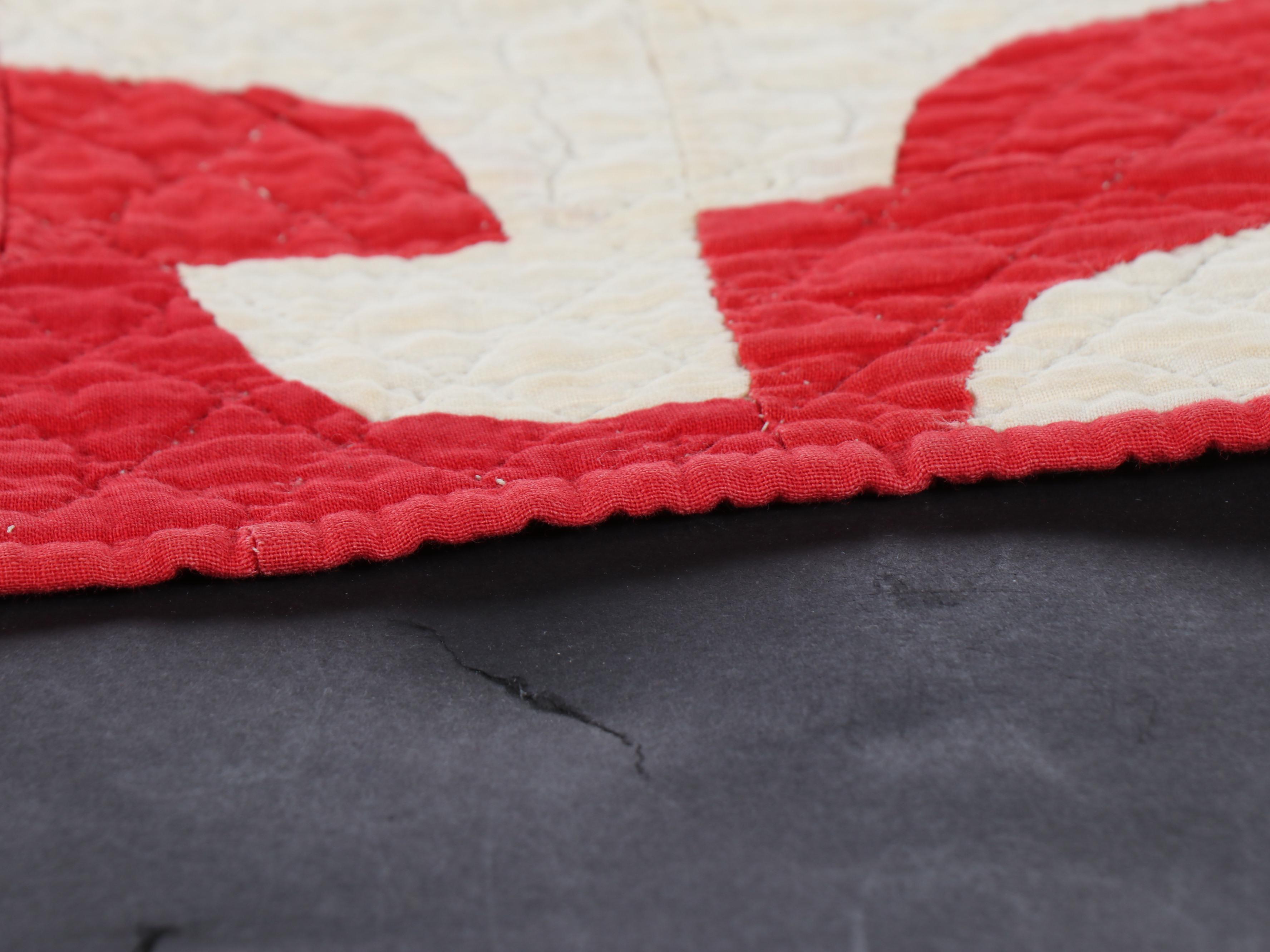 Hand-Pieced "Drunkard's Path" with Other Embroidered Redwork Cotton Quilt