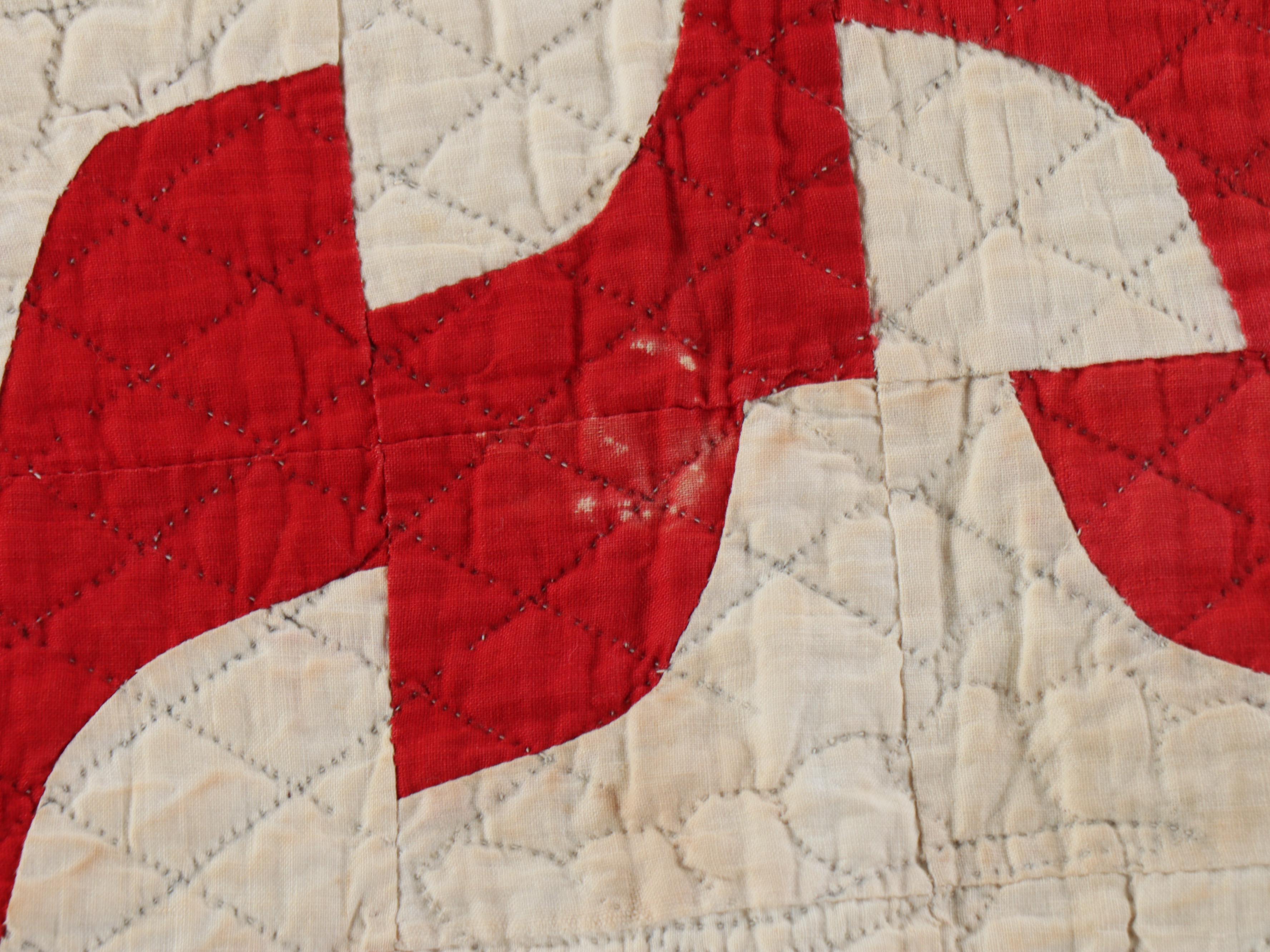 Hand-Pieced "Drunkard's Path" with Other Embroidered Redwork Cotton Quilt