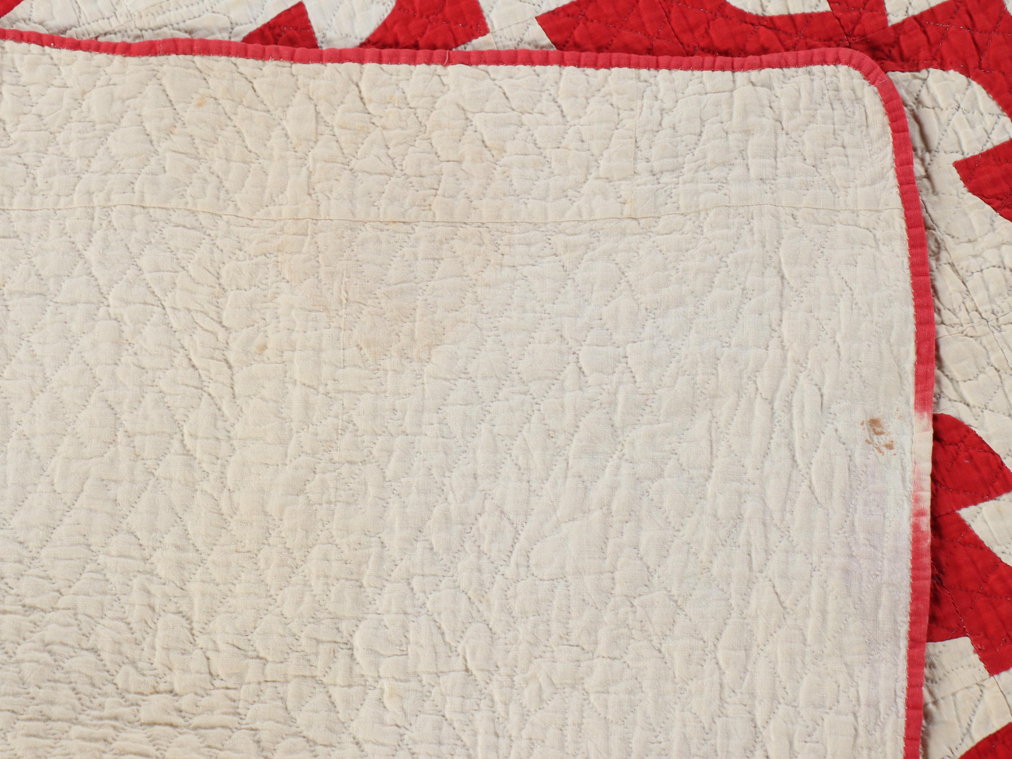 Hand-Pieced "Drunkard's Path" with Other Embroidered Redwork Cotton Quilt