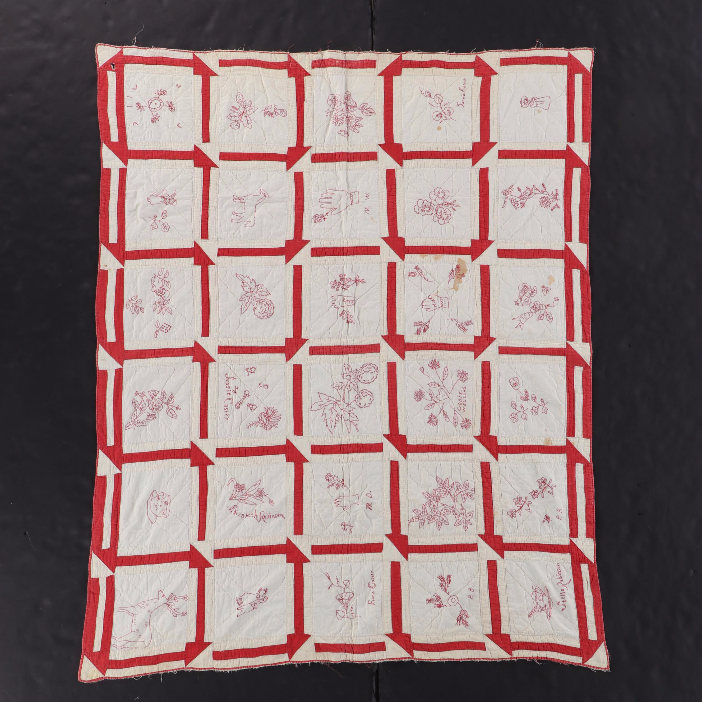 Hand-Pieced "Drunkard's Path" with Other Embroidered Redwork Cotton Quilt