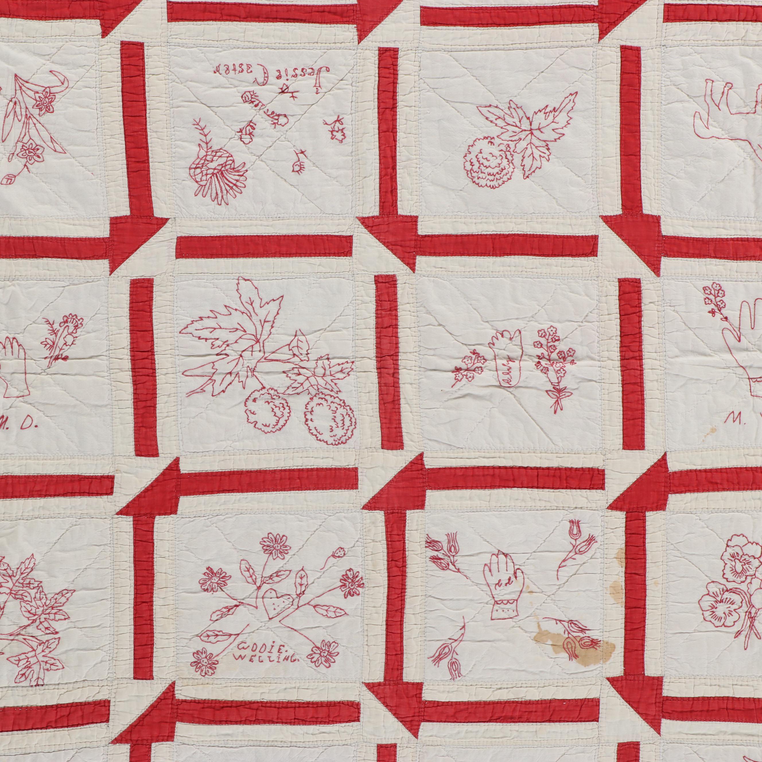 Hand-Pieced "Drunkard's Path" with Other Embroidered Redwork Cotton Quilt