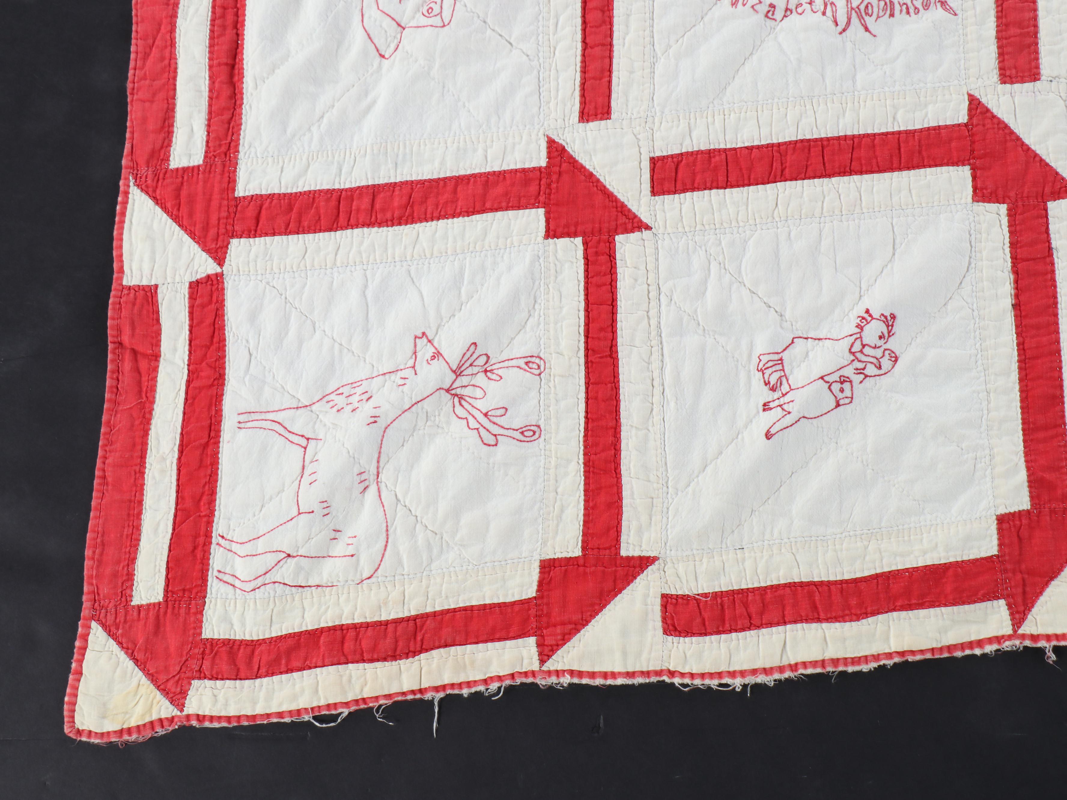 Hand-Pieced "Drunkard's Path" with Other Embroidered Redwork Cotton Quilt