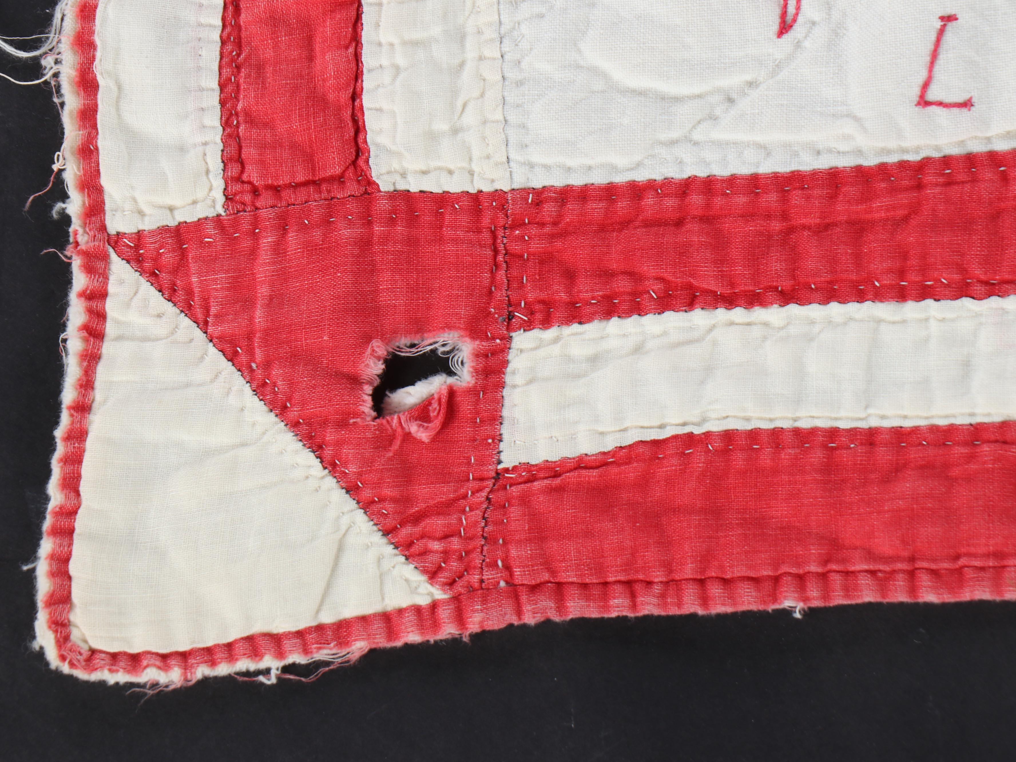 Hand-Pieced "Drunkard's Path" with Other Embroidered Redwork Cotton Quilt