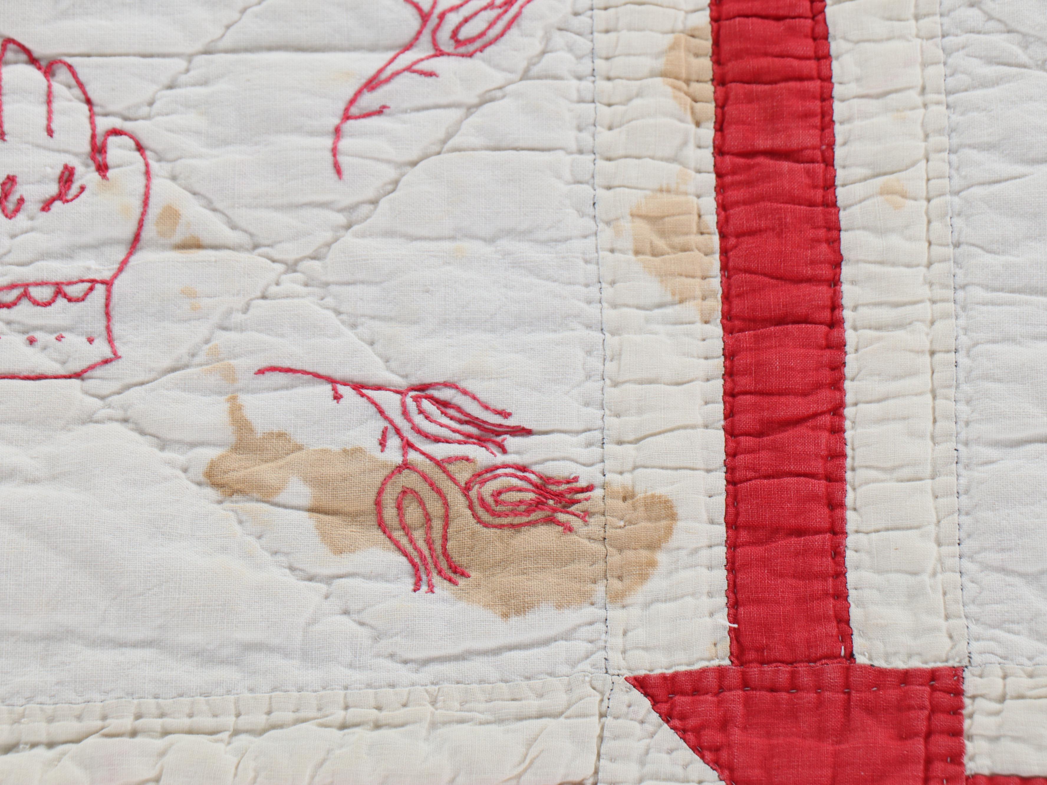 Hand-Pieced "Drunkard's Path" with Other Embroidered Redwork Cotton Quilt