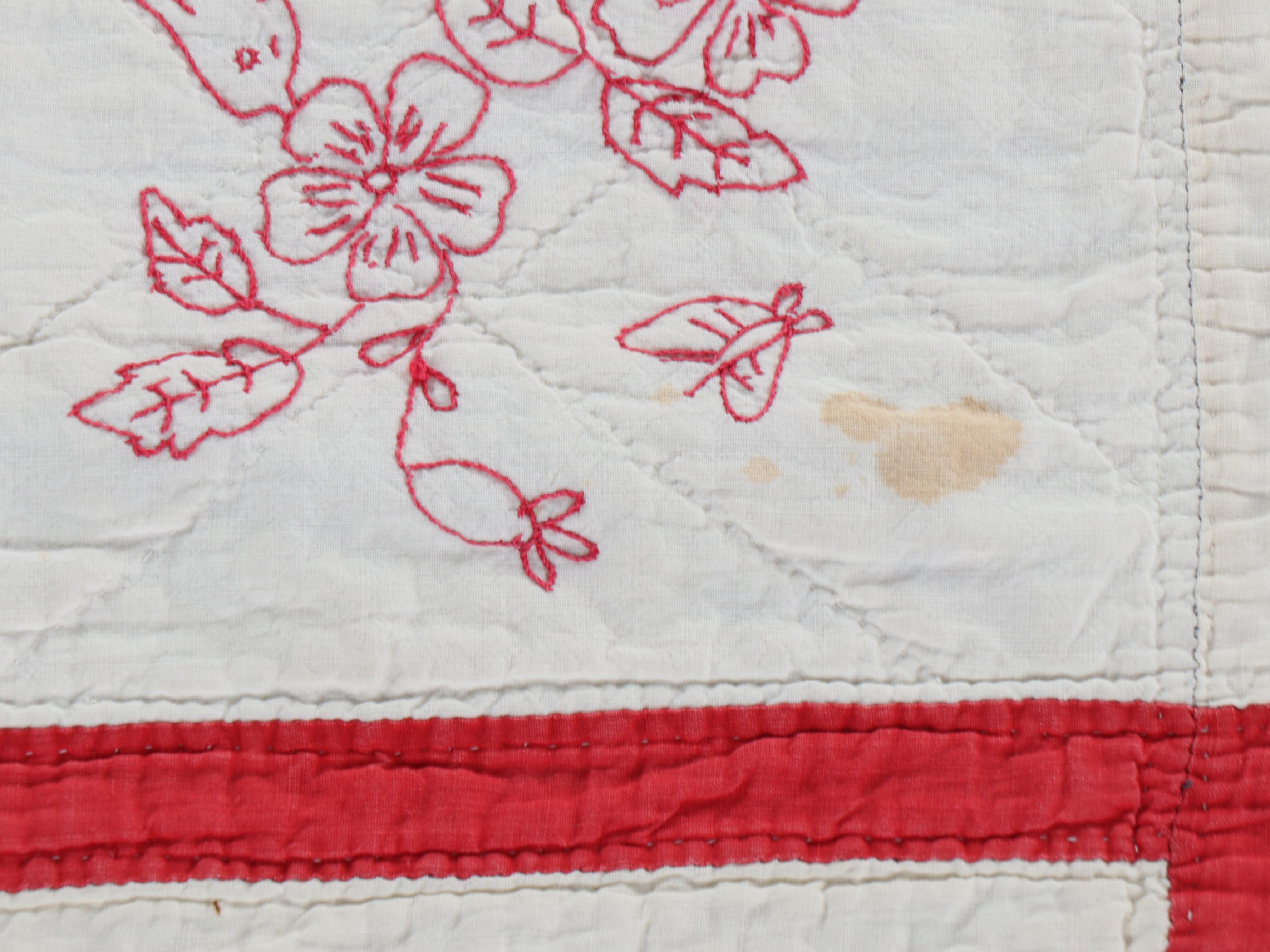Hand-Pieced "Drunkard's Path" with Other Embroidered Redwork Cotton Quilt