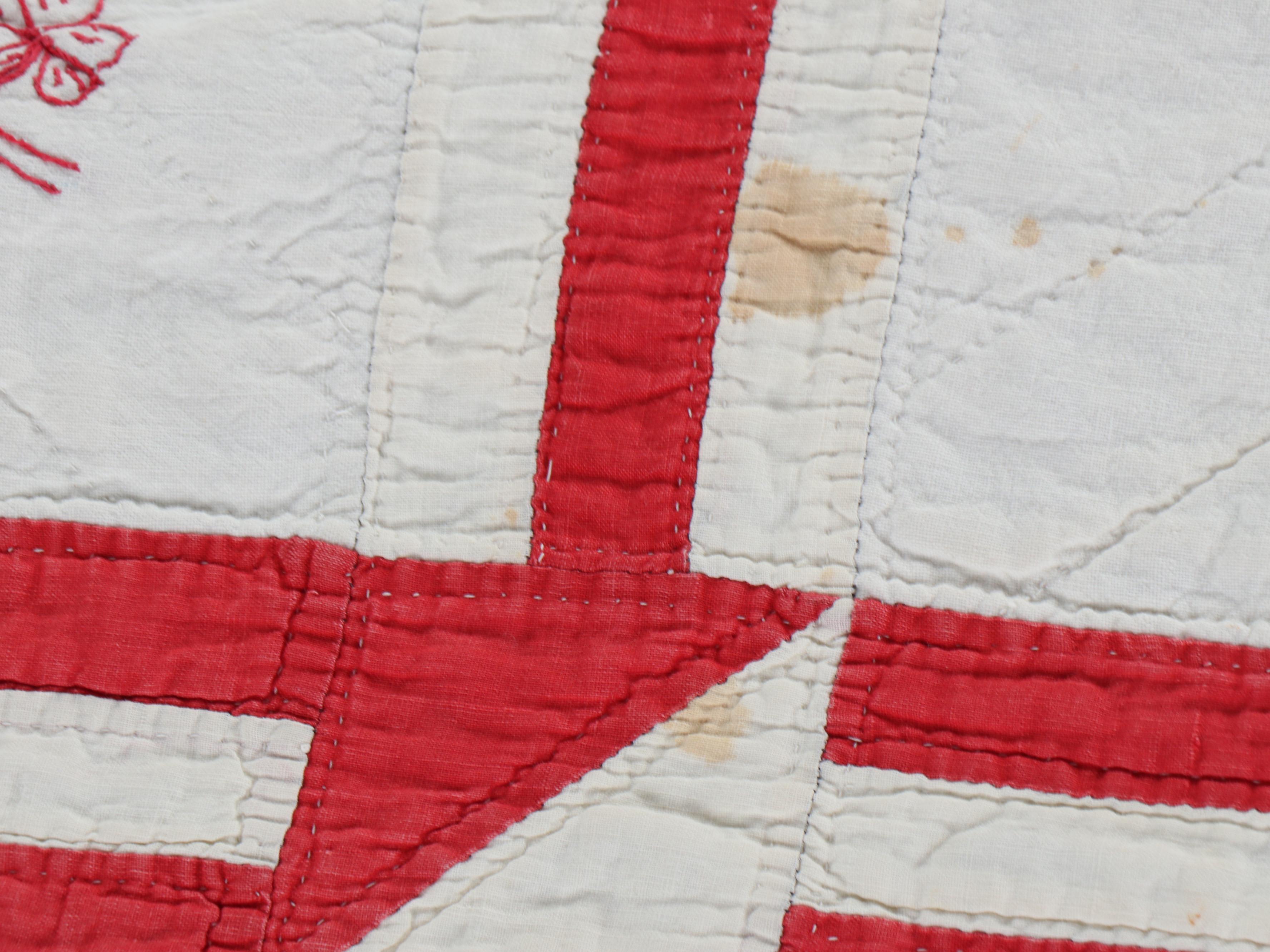 Hand-Pieced "Drunkard's Path" with Other Embroidered Redwork Cotton Quilt