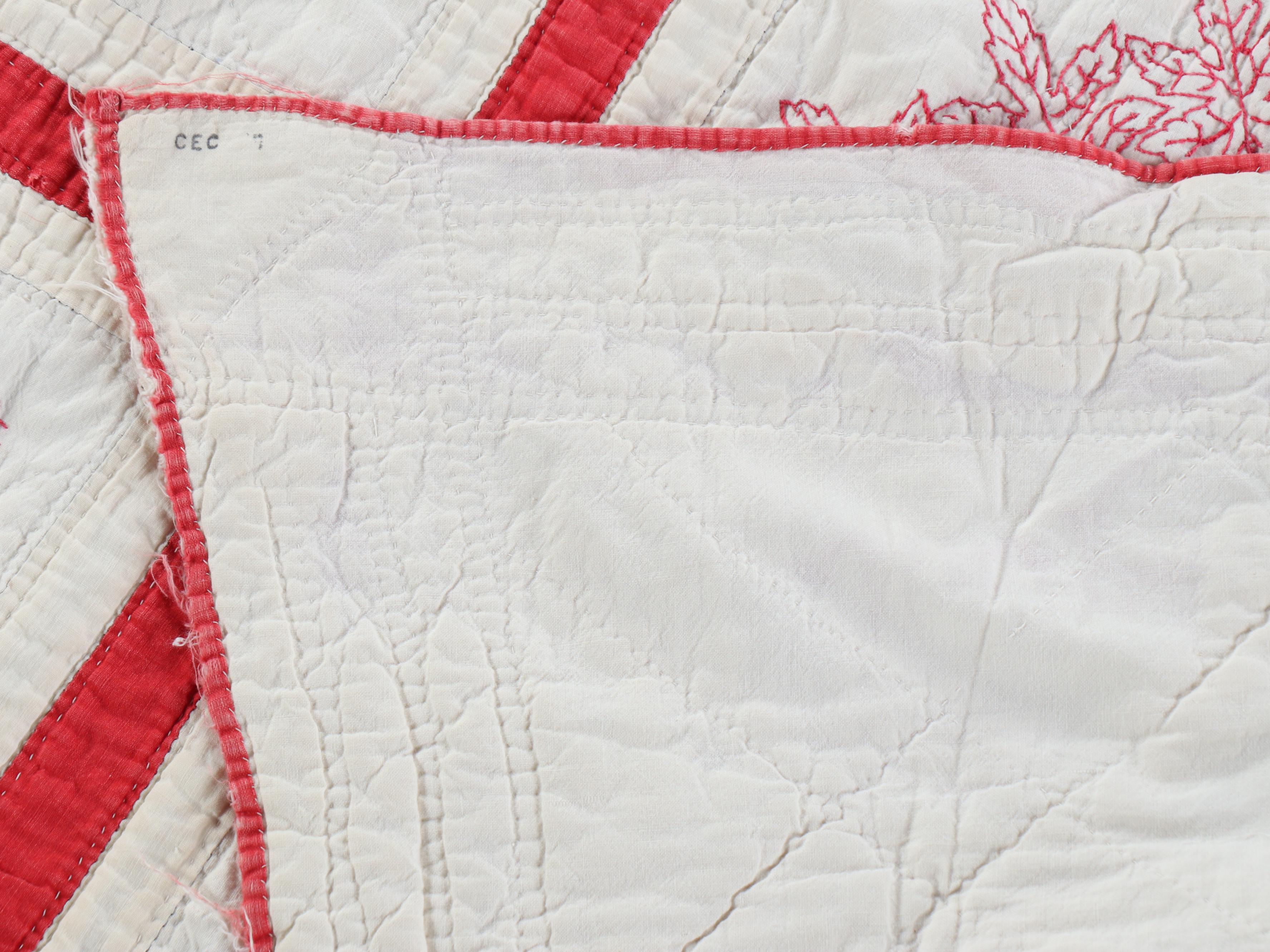 Hand-Pieced "Drunkard's Path" with Other Embroidered Redwork Cotton Quilt