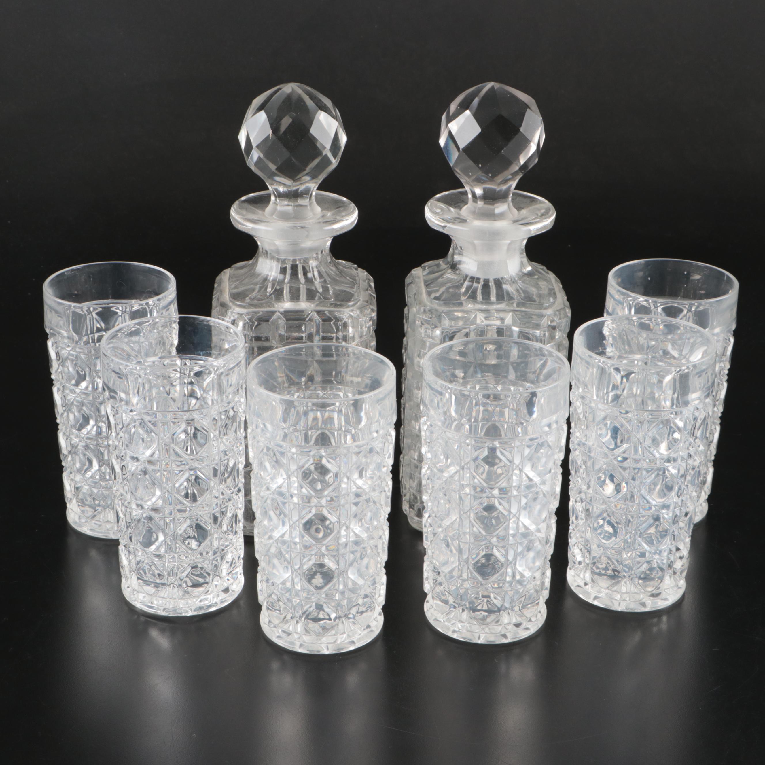 Pair of Faceted Crystal Decanters with Prismatic Glasses