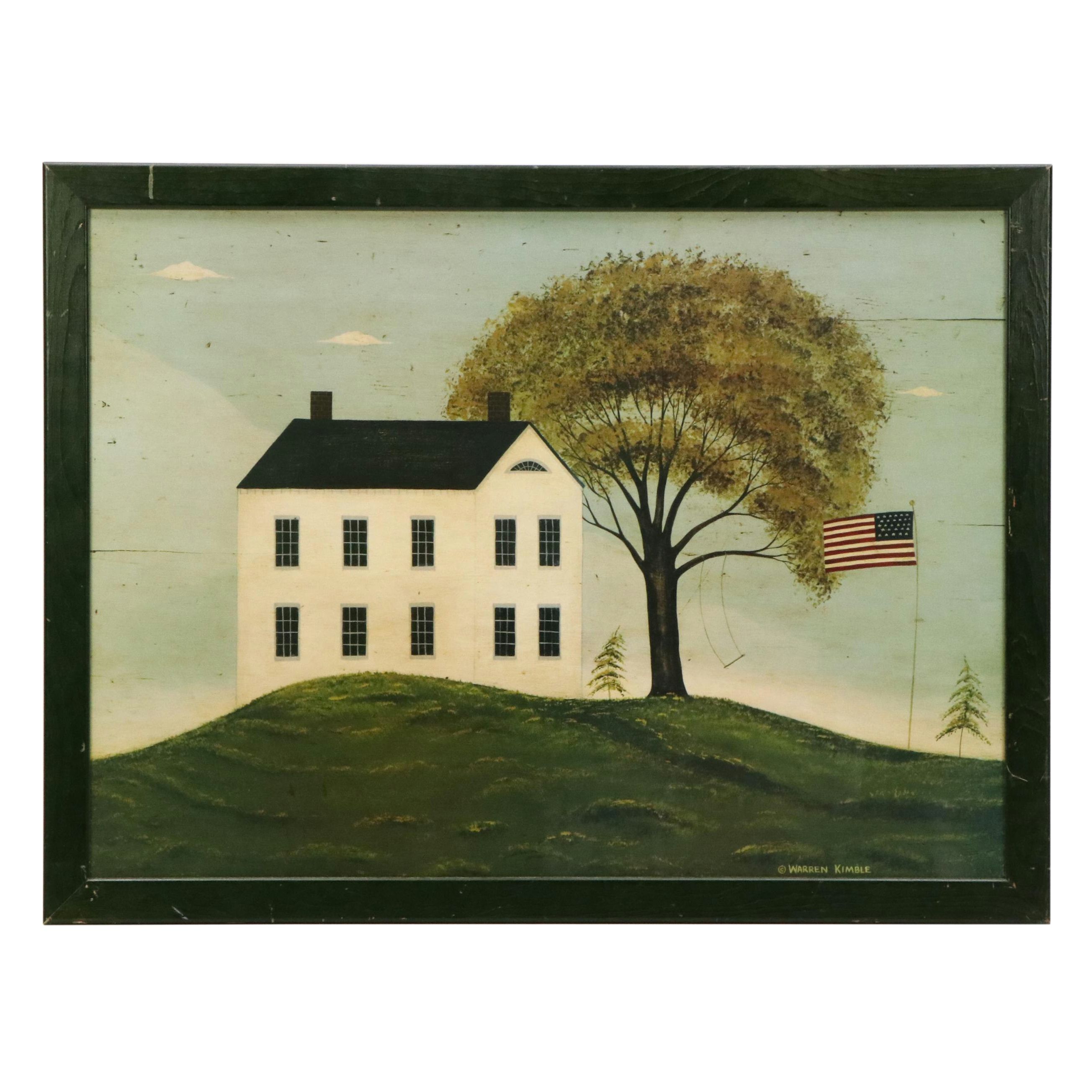 After Warren Kimble Folk Art Offset Lithograph "House with Flag"