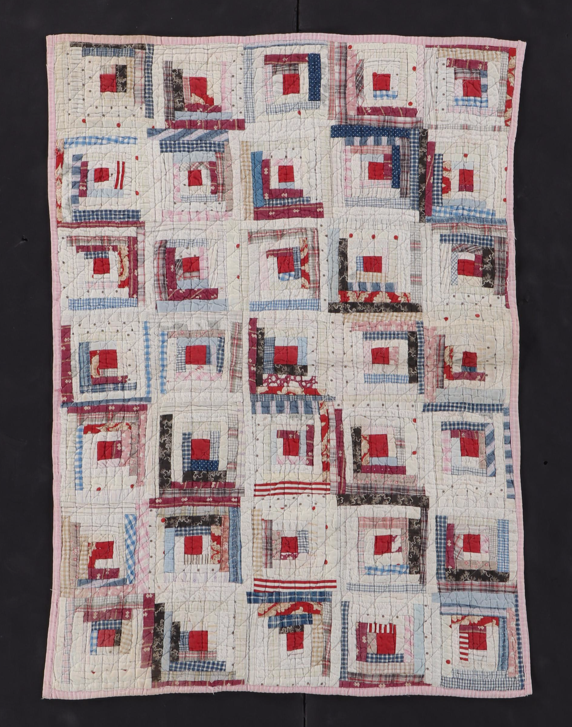 Handmade Scrappy "Log Cabin" Child's Quilt with Cross-Stitch Crib Blanket