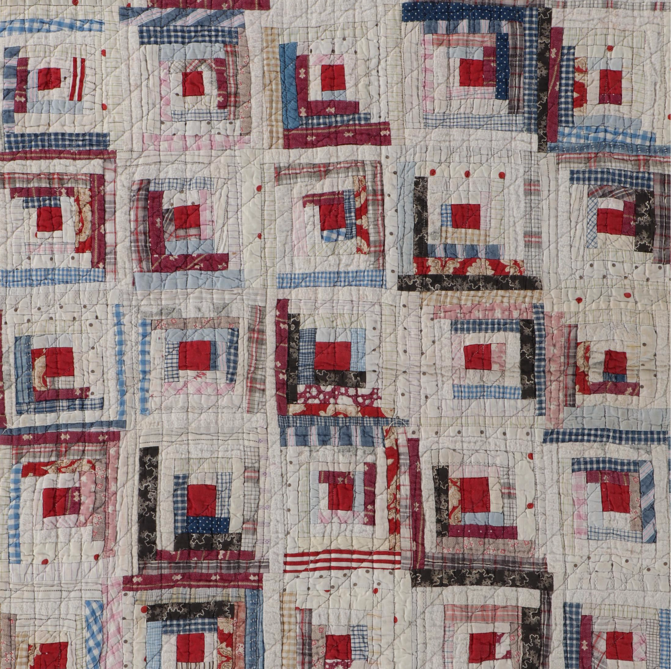 Handmade Scrappy "Log Cabin" Child's Quilt with Cross-Stitch Crib Blanket