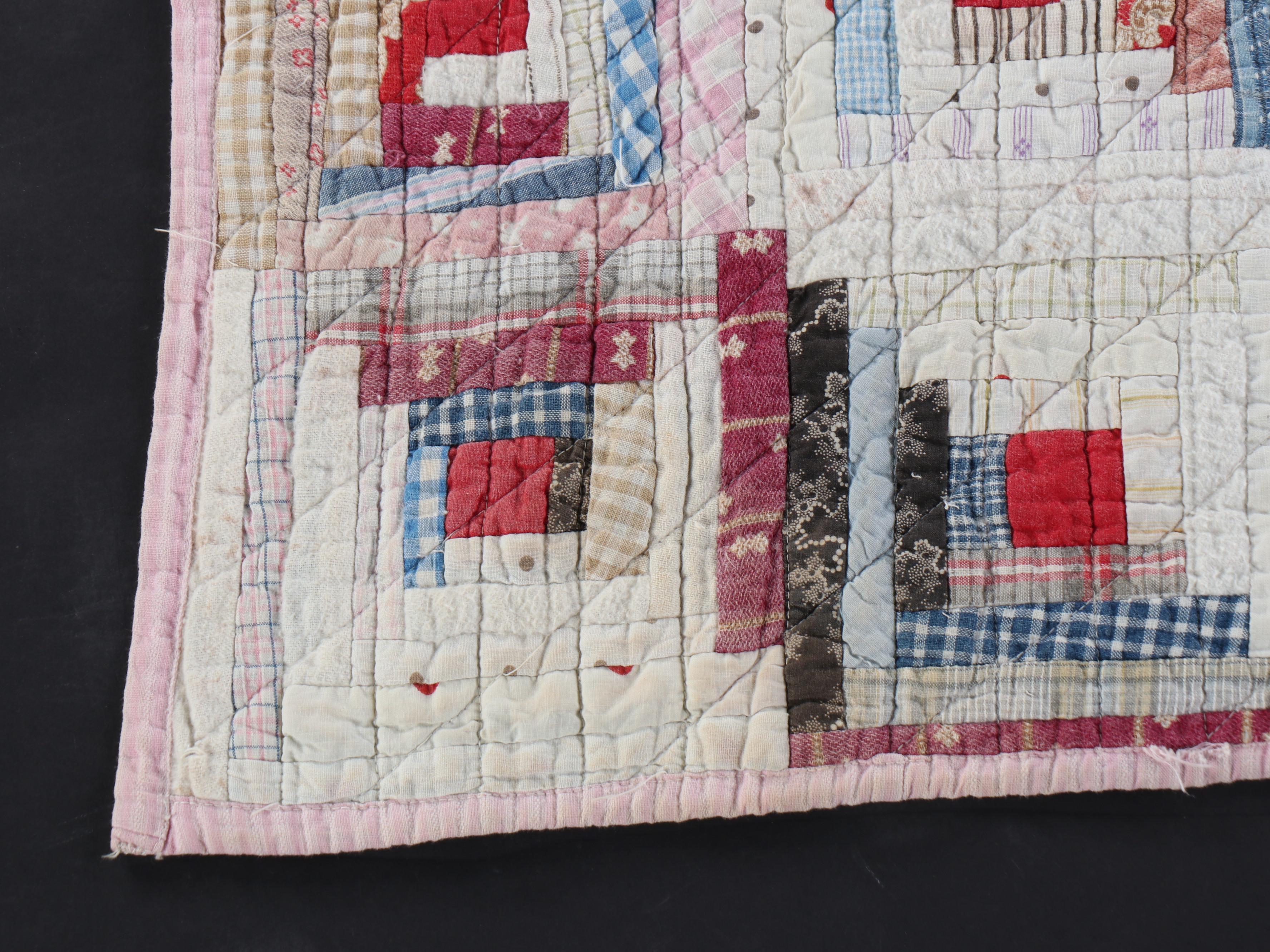 Handmade Scrappy "Log Cabin" Child's Quilt with Cross-Stitch Crib Blanket