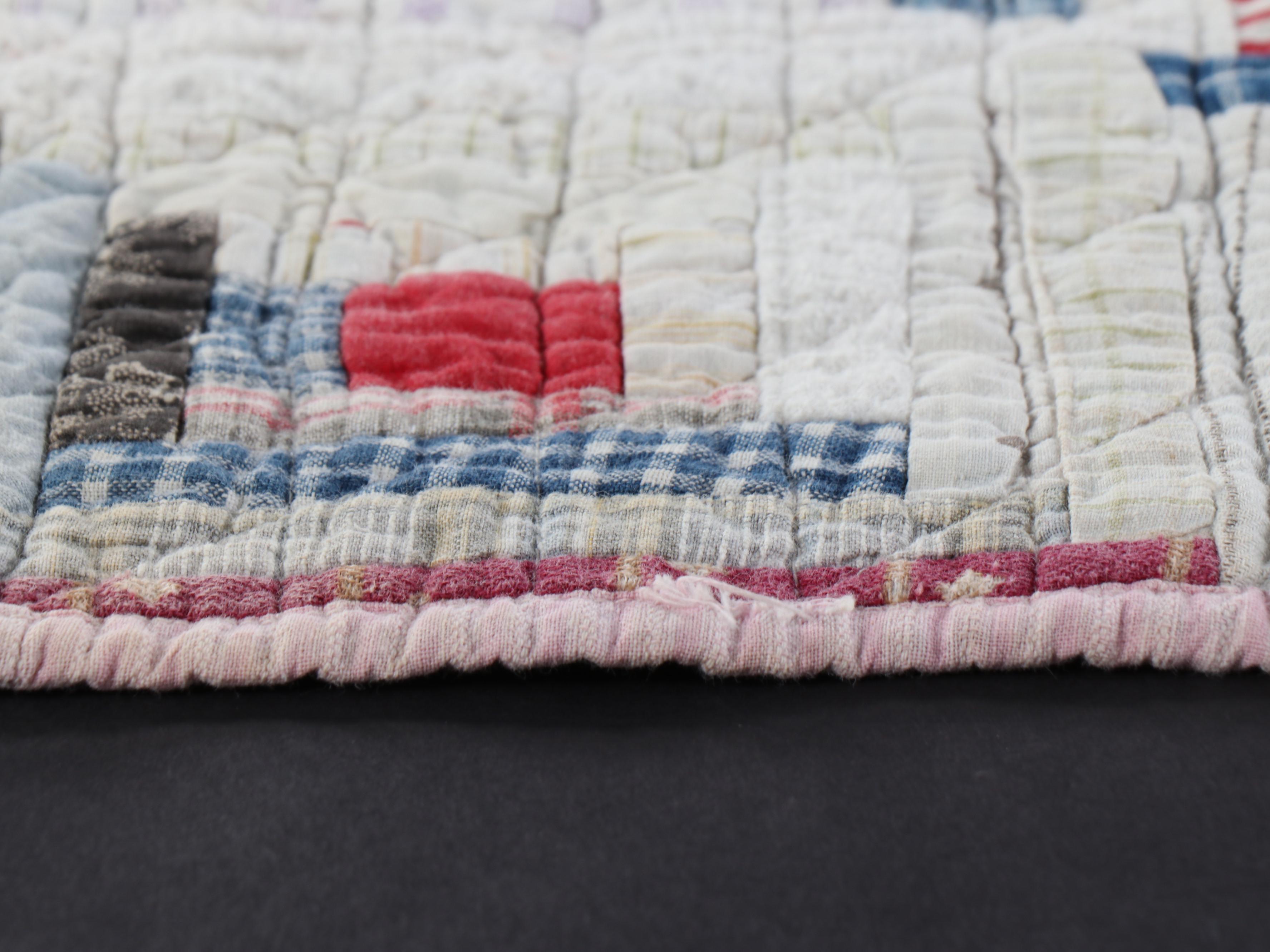 Handmade Scrappy "Log Cabin" Child's Quilt with Cross-Stitch Crib Blanket