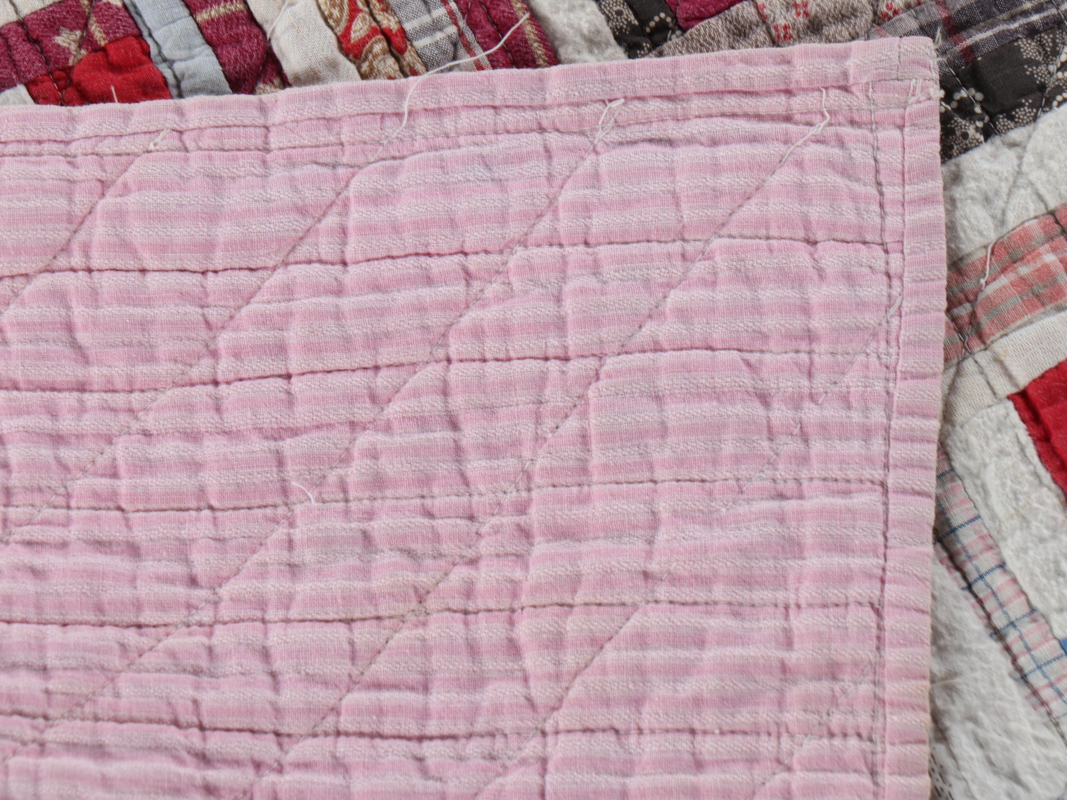 Handmade Scrappy "Log Cabin" Child's Quilt with Cross-Stitch Crib Blanket