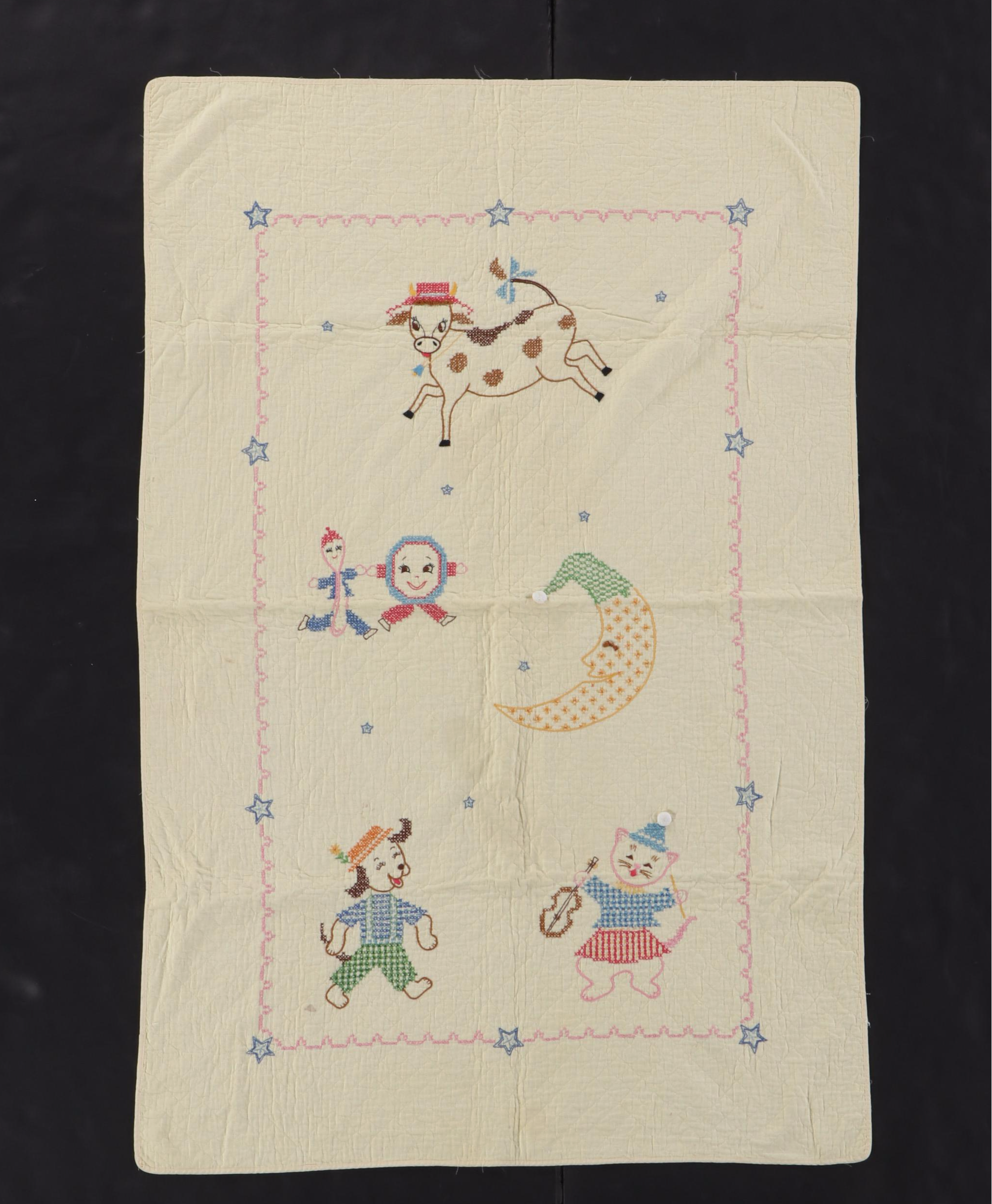 Handmade Scrappy "Log Cabin" Child's Quilt with Cross-Stitch Crib Blanket