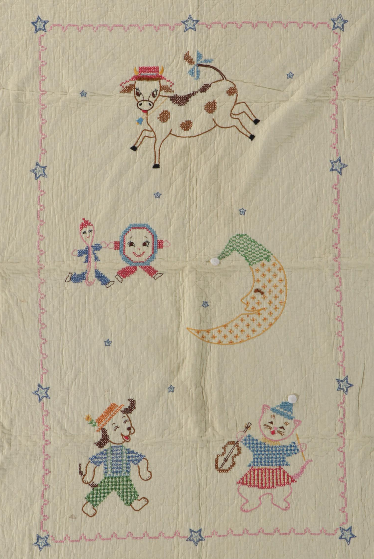 Handmade Scrappy "Log Cabin" Child's Quilt with Cross-Stitch Crib Blanket