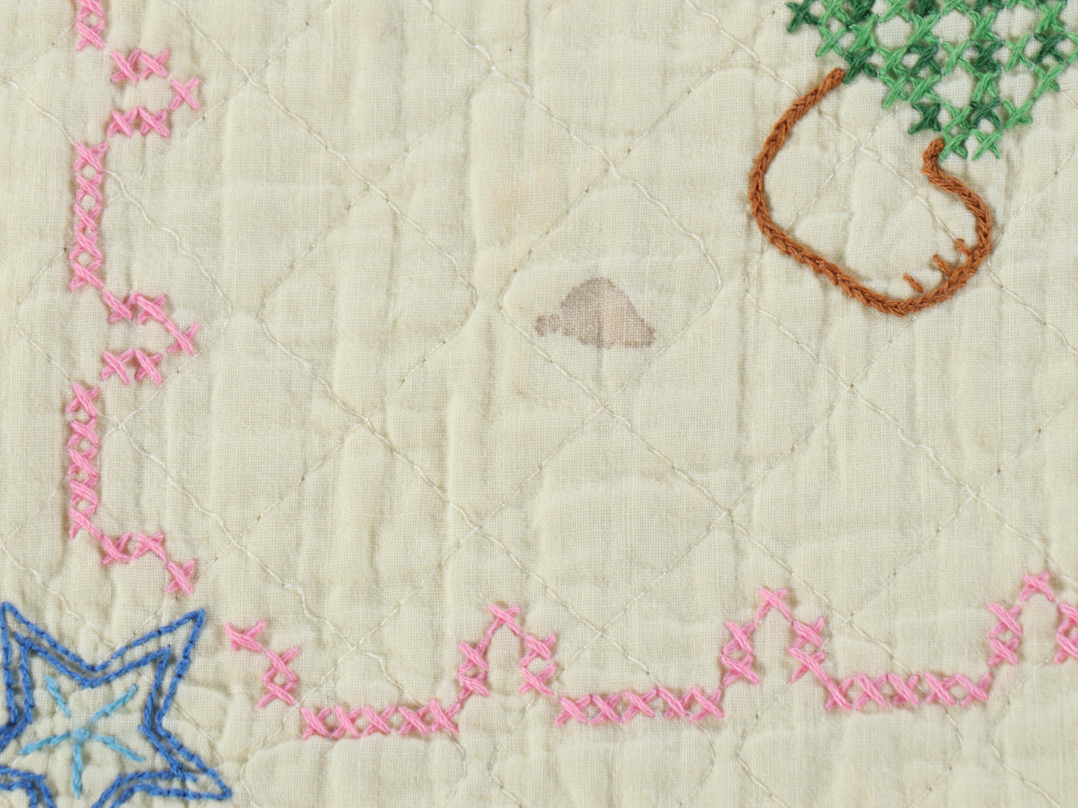 Handmade Scrappy "Log Cabin" Child's Quilt with Cross-Stitch Crib Blanket
