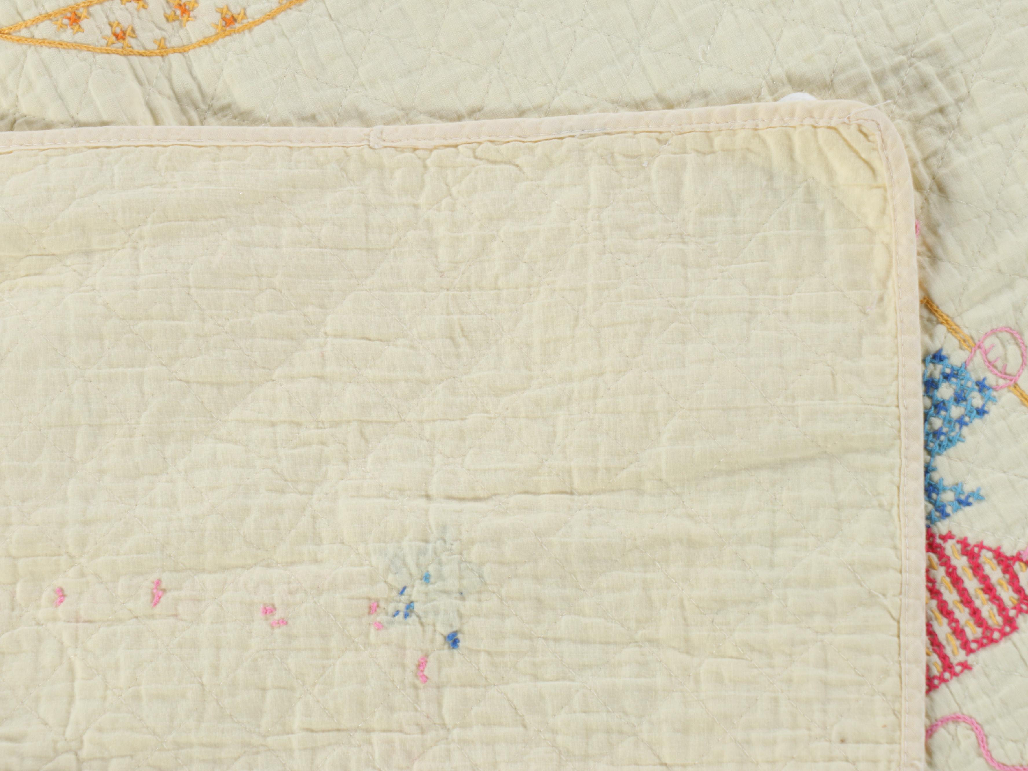 Handmade Scrappy "Log Cabin" Child's Quilt with Cross-Stitch Crib Blanket