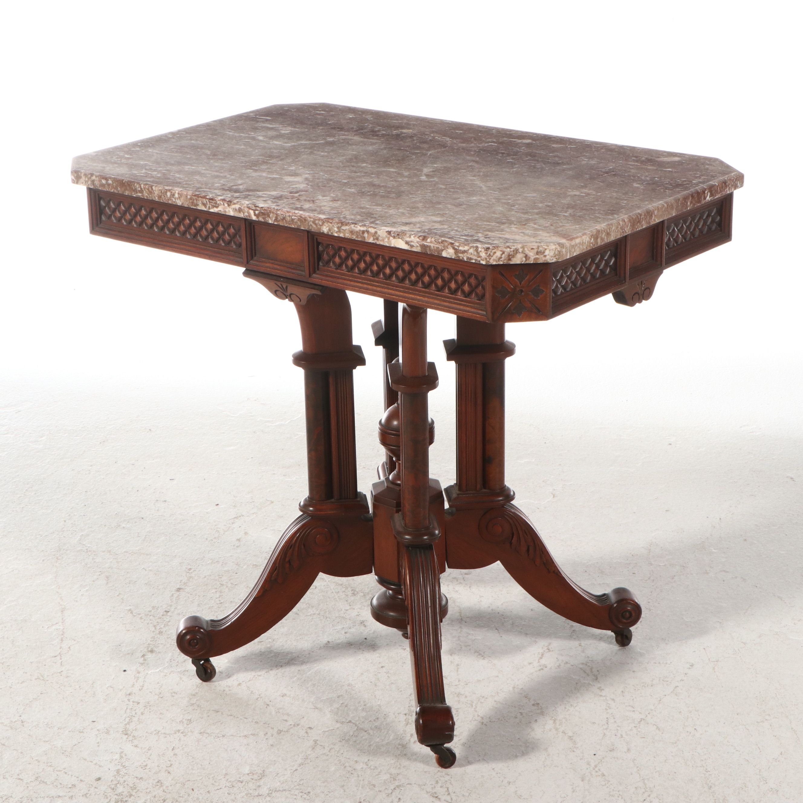 Eastlake Walnut Center Table with Pink Marble Top