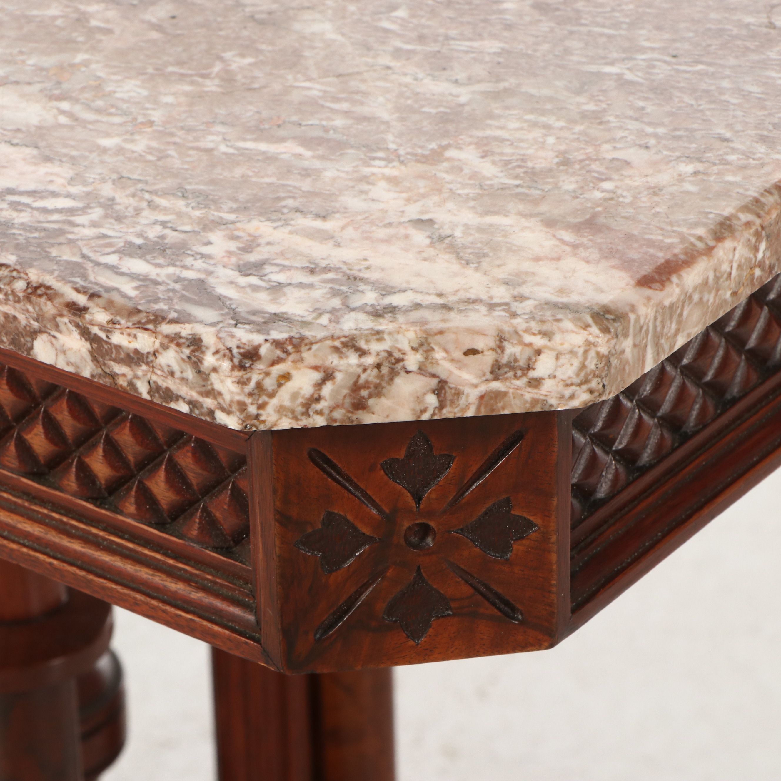 Eastlake Walnut Center Table with Pink Marble Top
