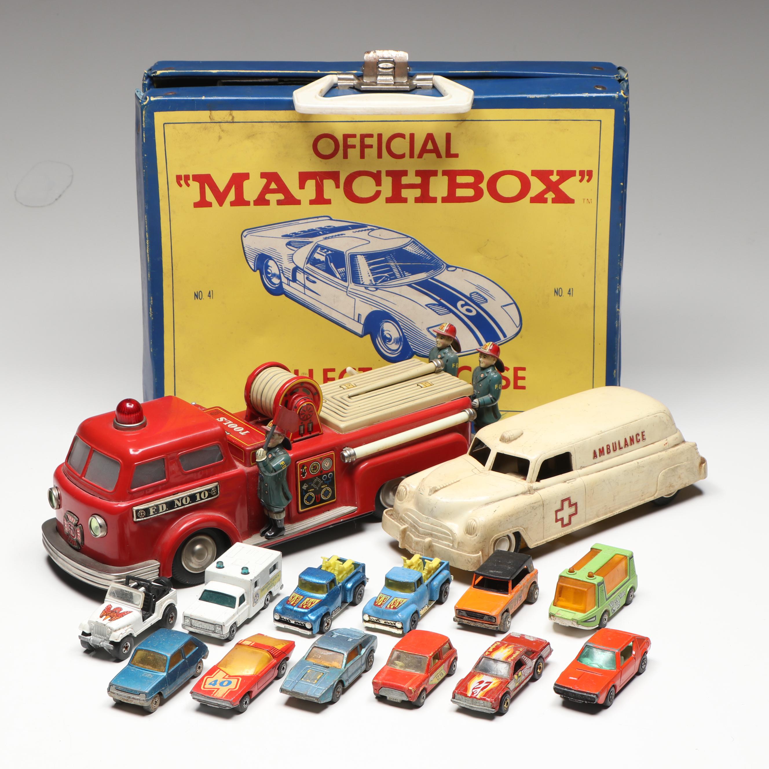 Linemar Fire Engine and Wyandotte Ambulance with Matchbox and Hot Wheels Cars
