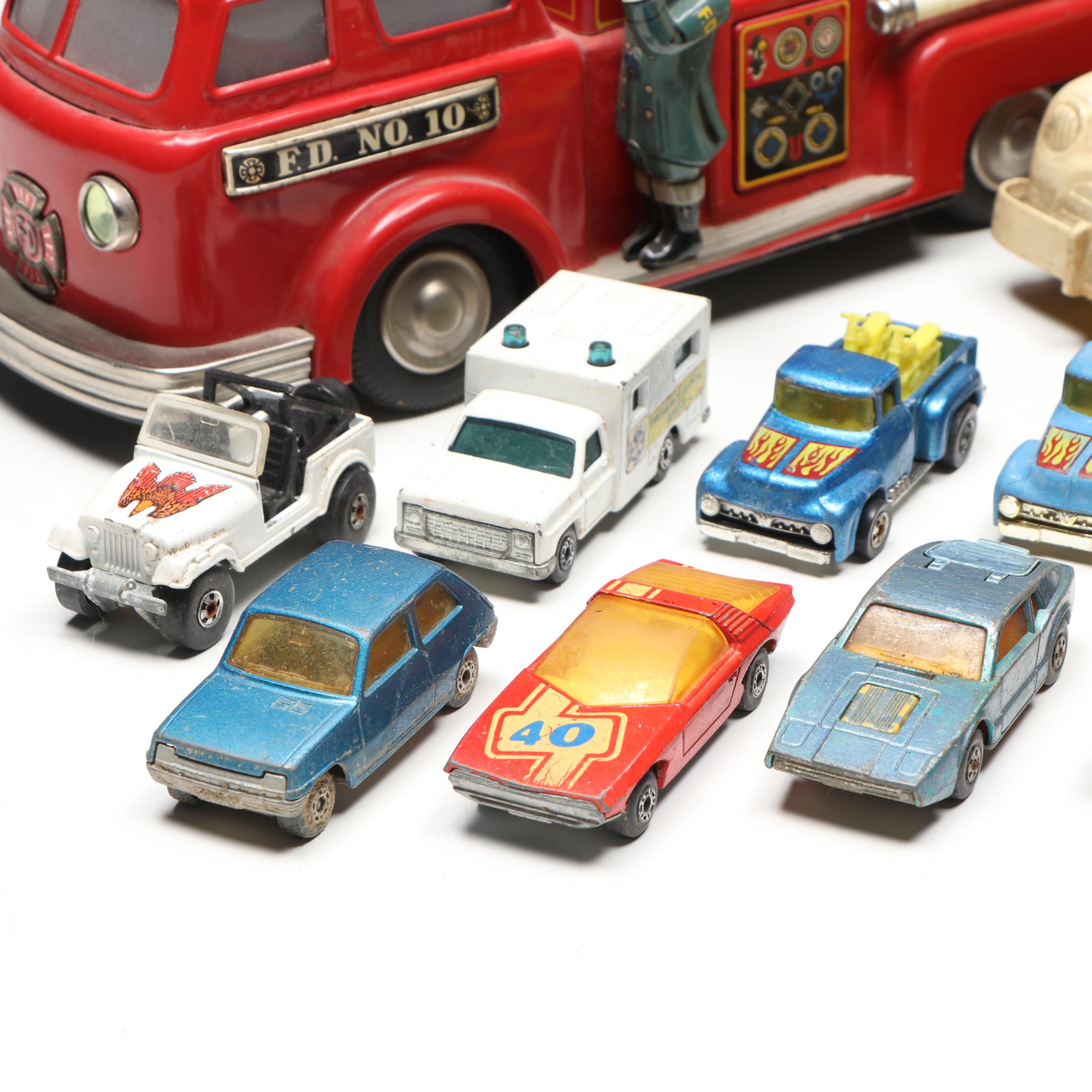 Linemar Fire Engine and Wyandotte Ambulance with Matchbox and Hot Wheels Cars
