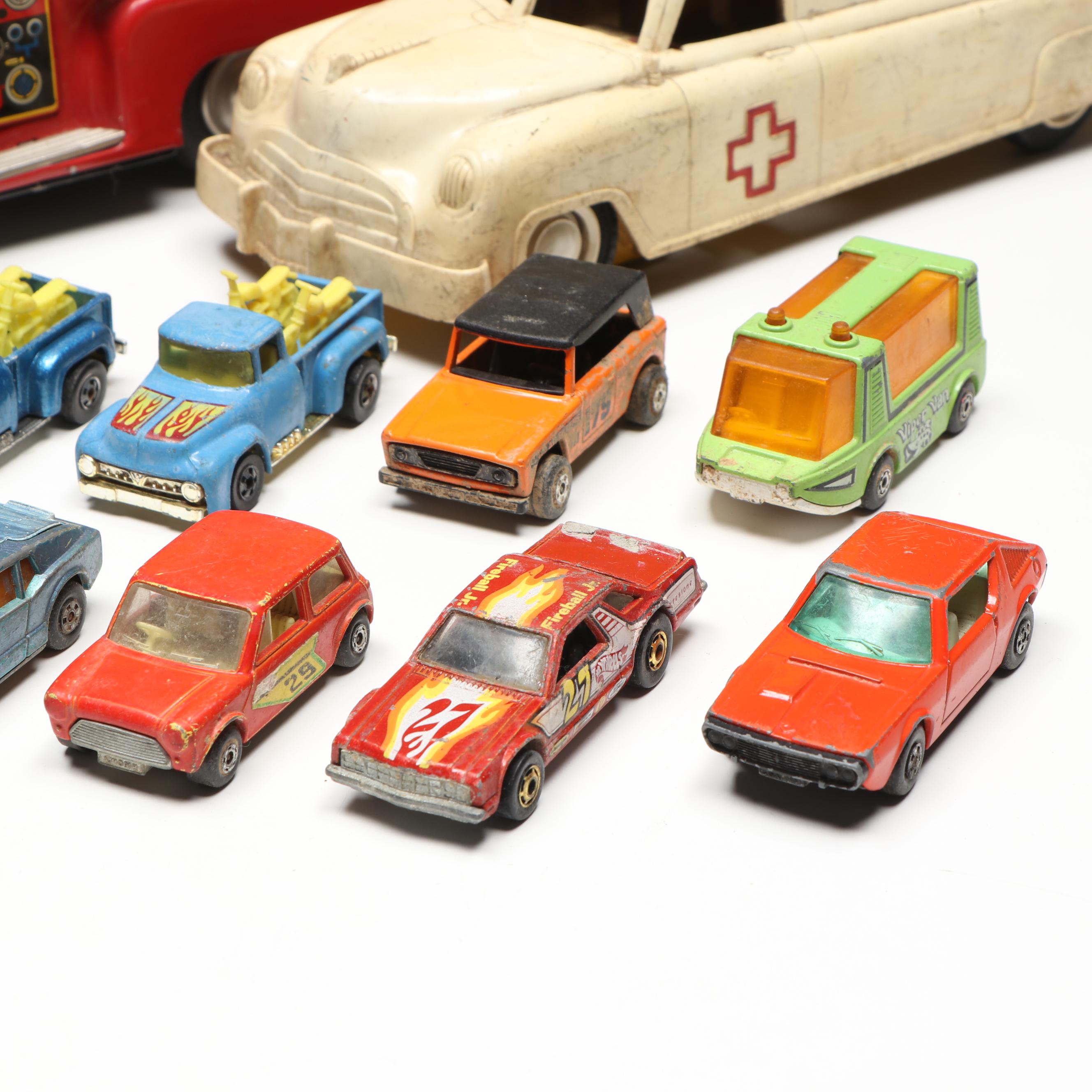 Linemar Fire Engine and Wyandotte Ambulance with Matchbox and Hot Wheels Cars