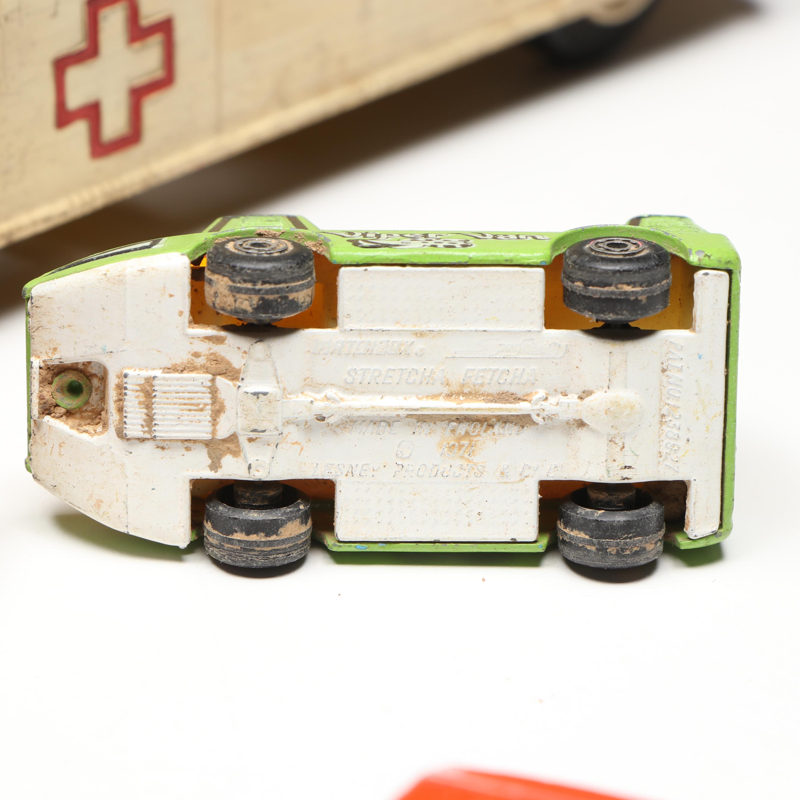 Linemar Fire Engine and Wyandotte Ambulance with Matchbox and Hot Wheels Cars