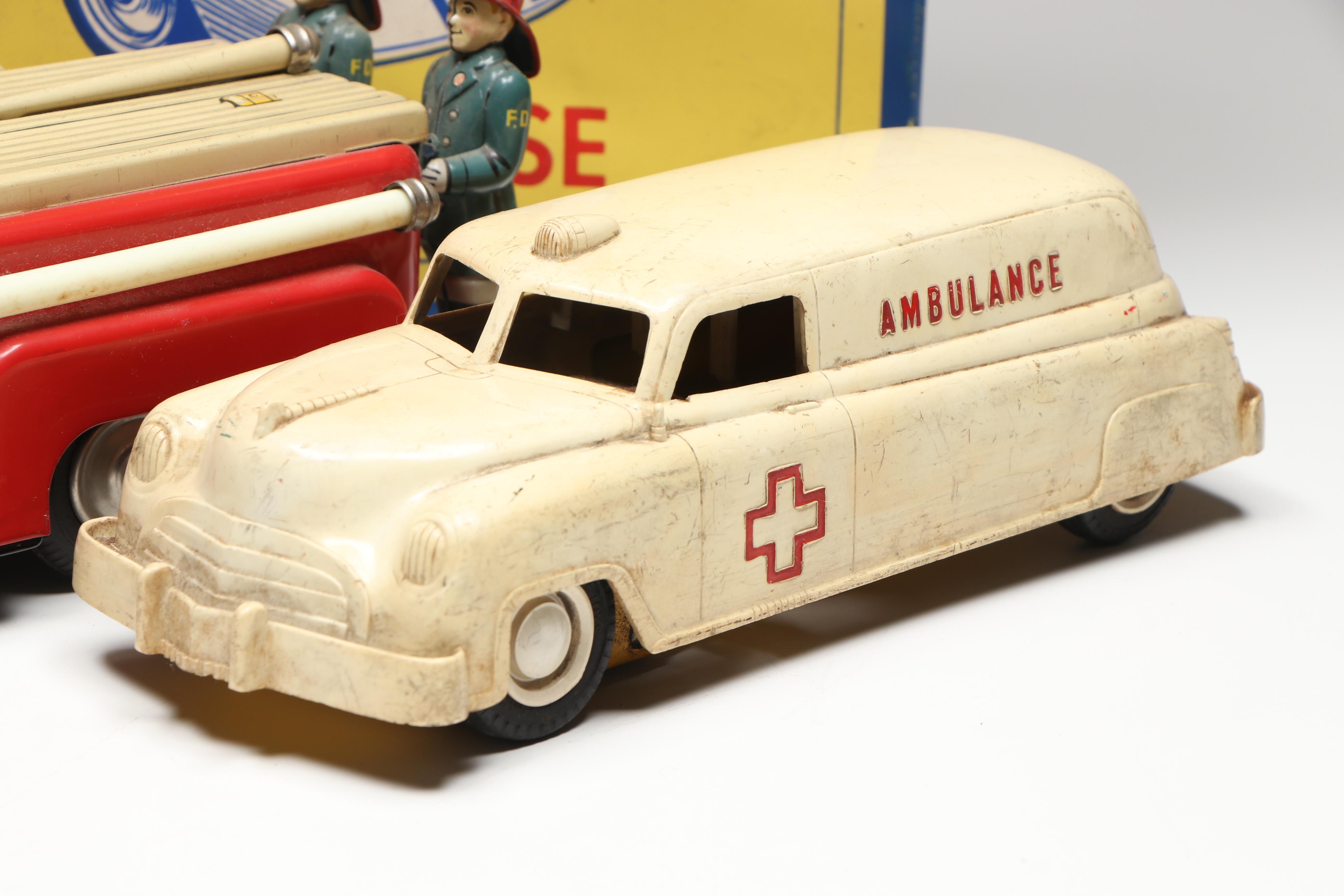 Linemar Fire Engine and Wyandotte Ambulance with Matchbox and Hot Wheels Cars
