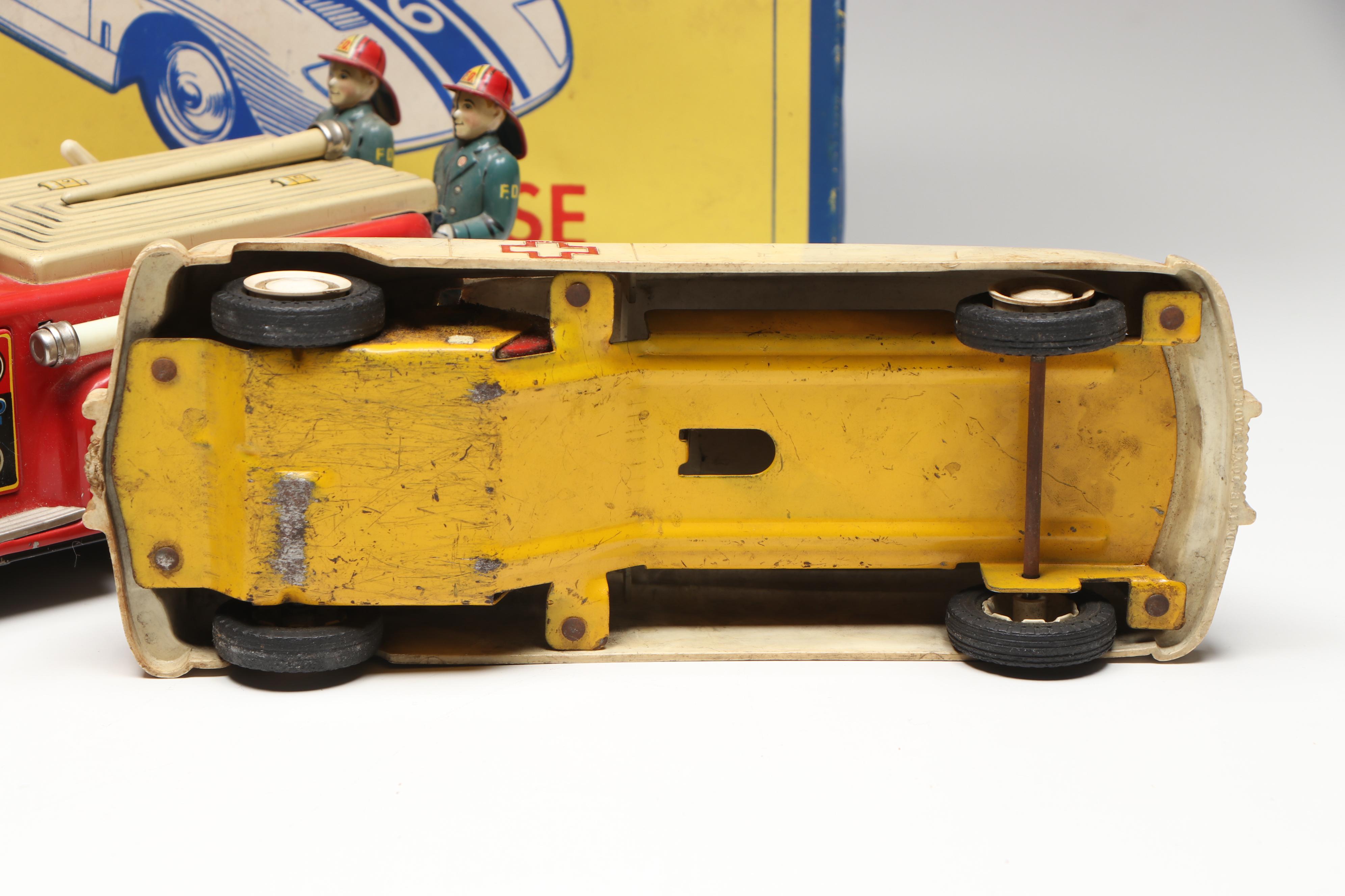 Linemar Fire Engine and Wyandotte Ambulance with Matchbox and Hot Wheels Cars