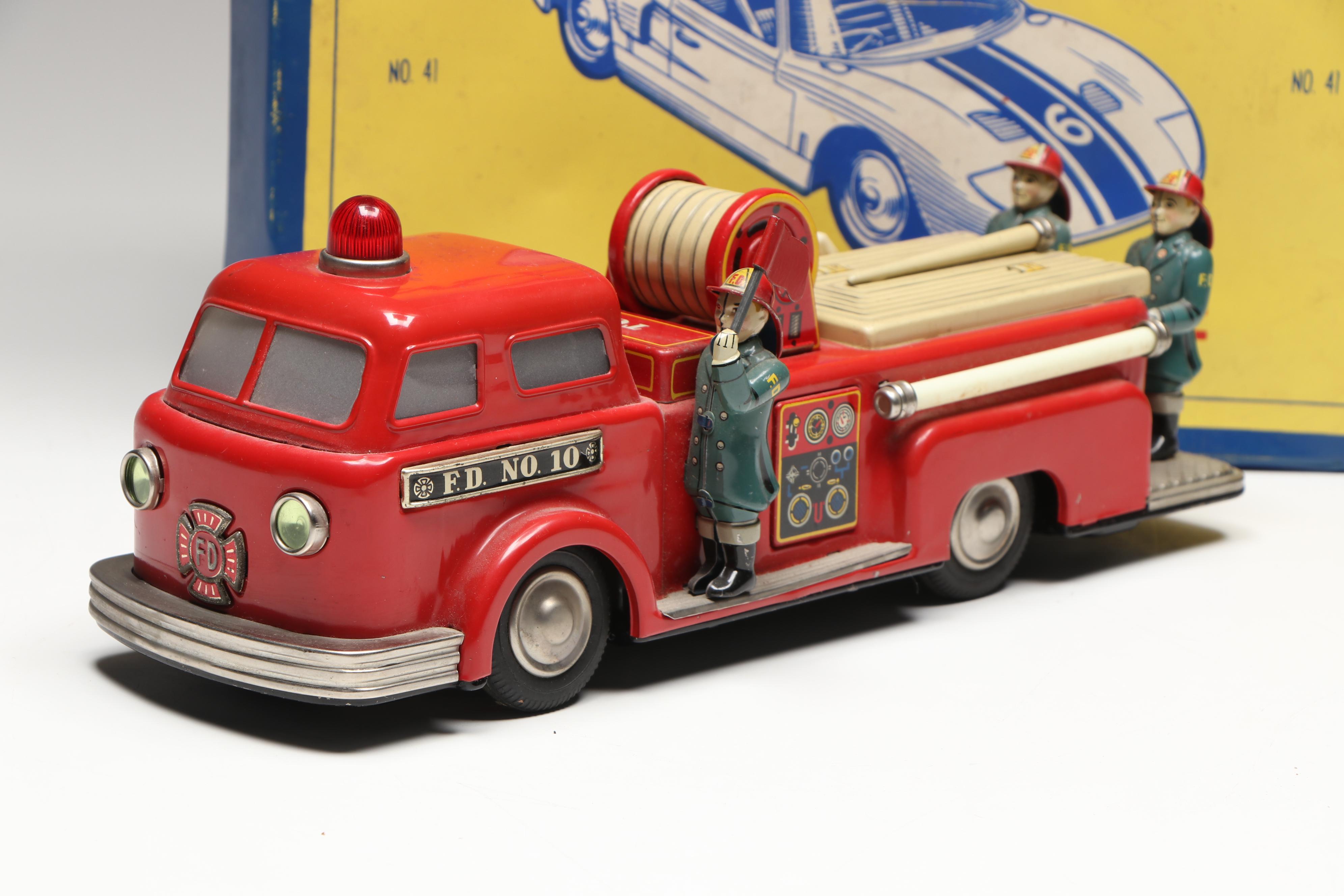 Linemar Fire Engine and Wyandotte Ambulance with Matchbox and Hot Wheels Cars