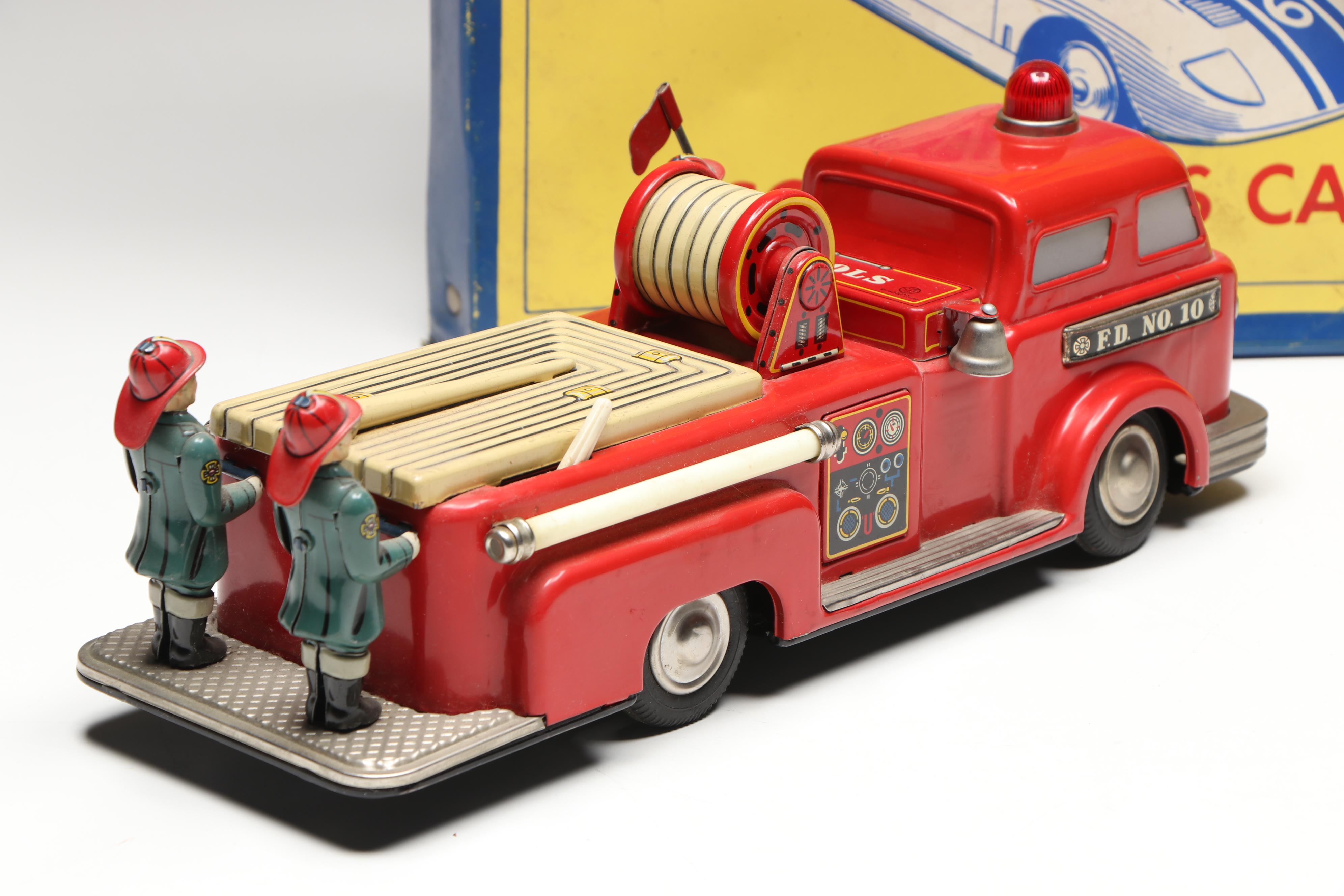 Linemar Fire Engine and Wyandotte Ambulance with Matchbox and Hot Wheels Cars