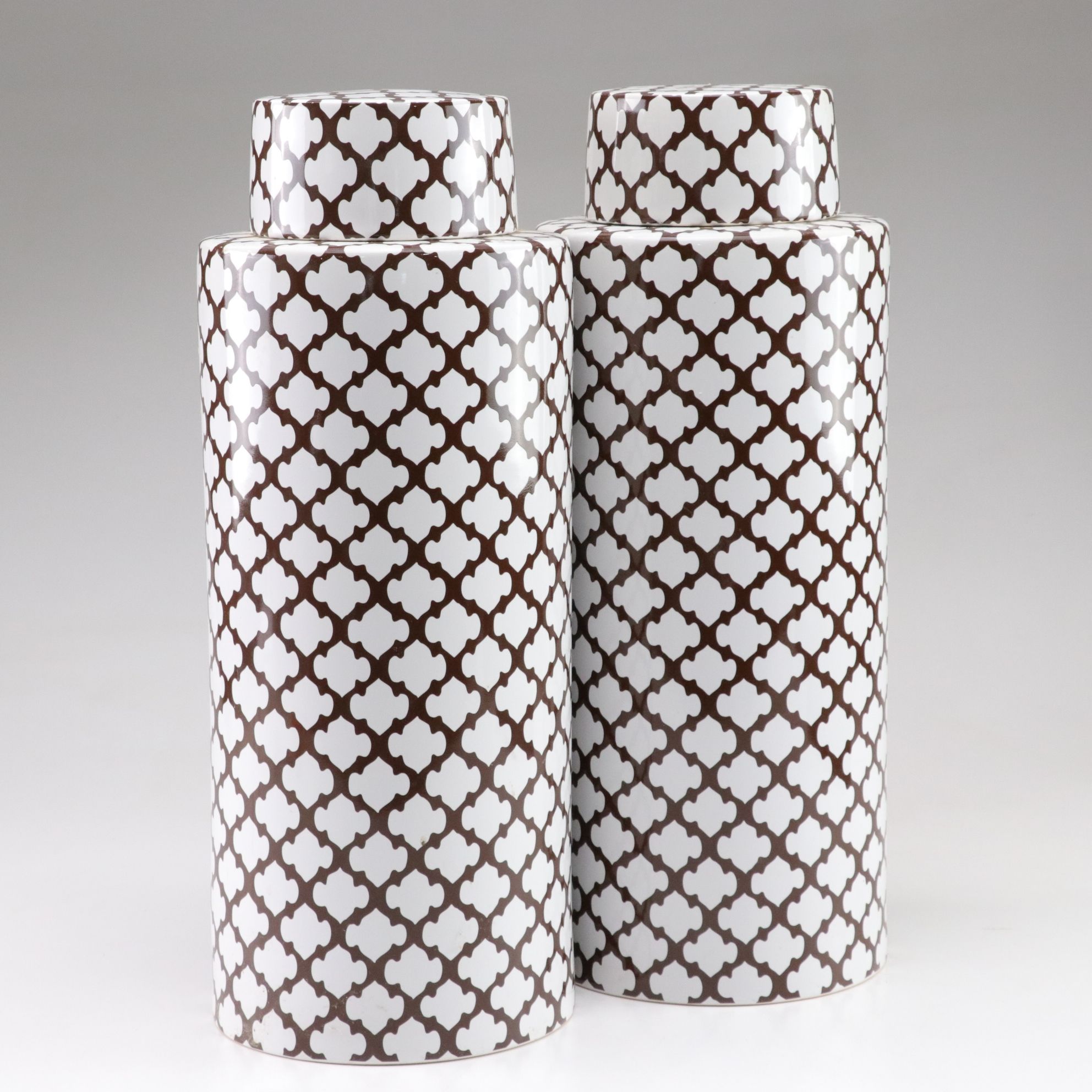 Pottery Barn Brown and White Quatrefoil Lattice Ginger Jars