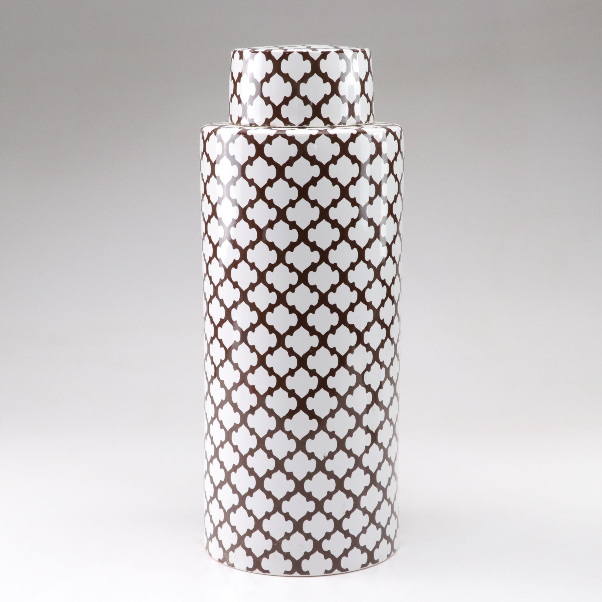 Pottery Barn Brown and White Quatrefoil Lattice Ginger Jars