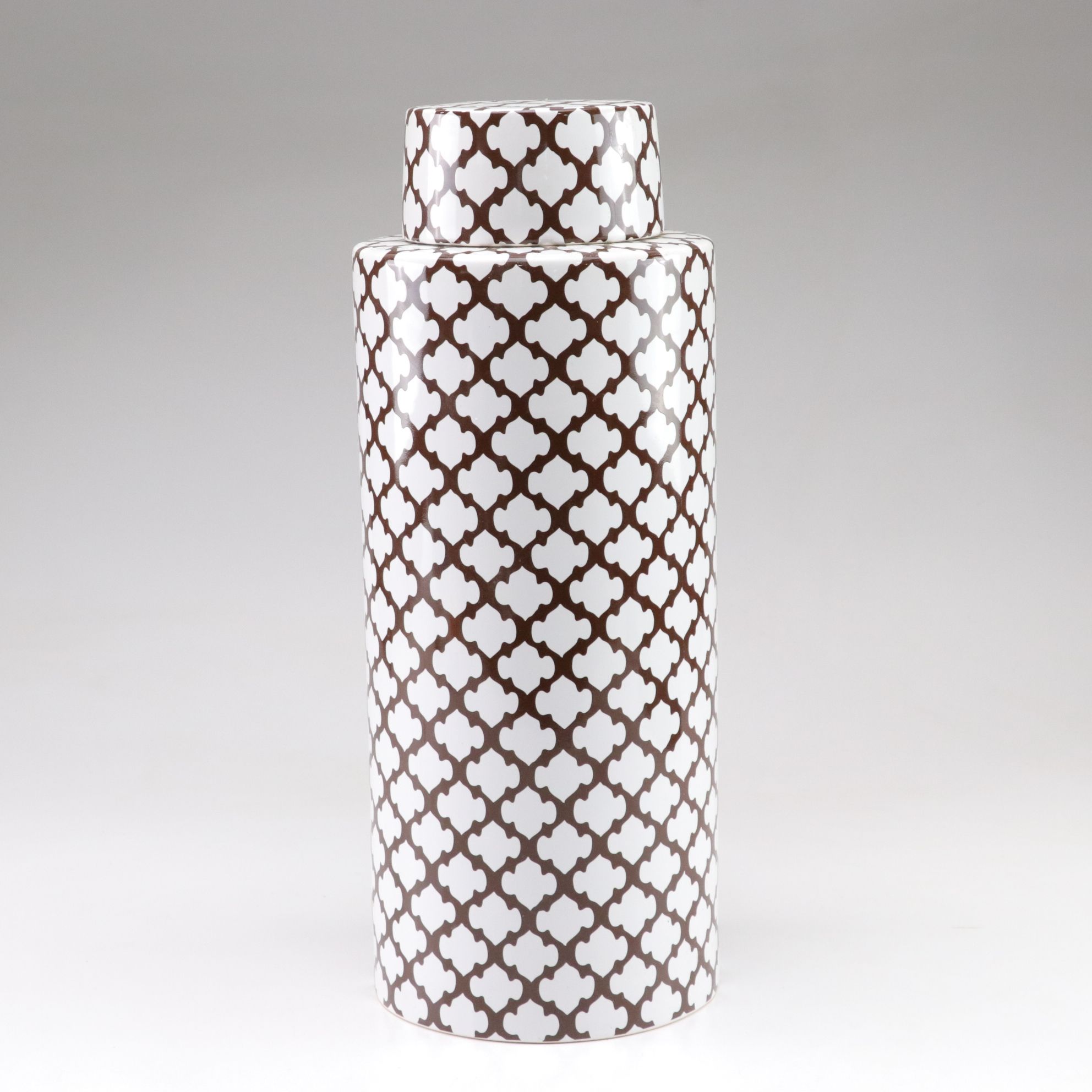 Pottery Barn Brown and White Quatrefoil Lattice Ginger Jars