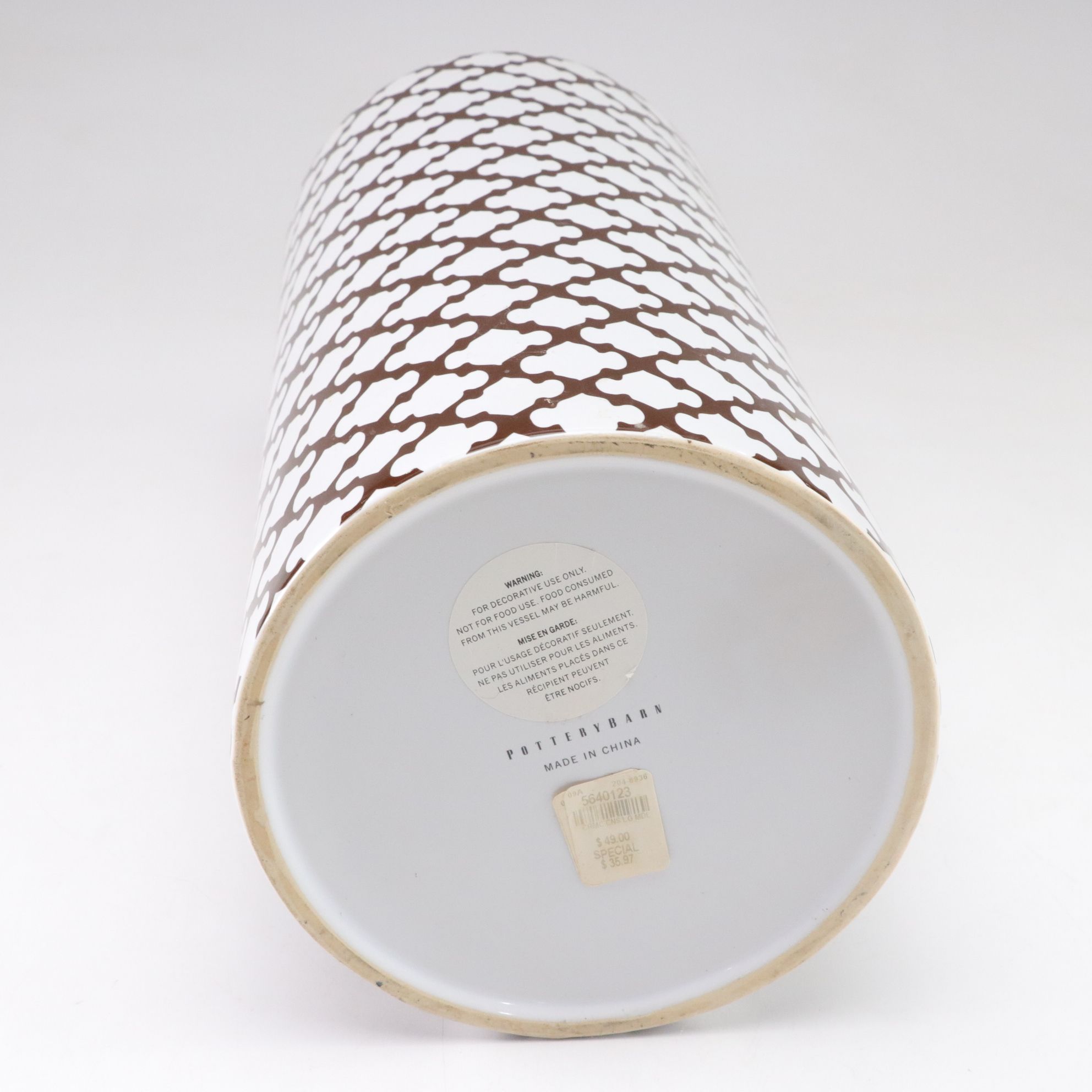 Pottery Barn Brown and White Quatrefoil Lattice Ginger Jars