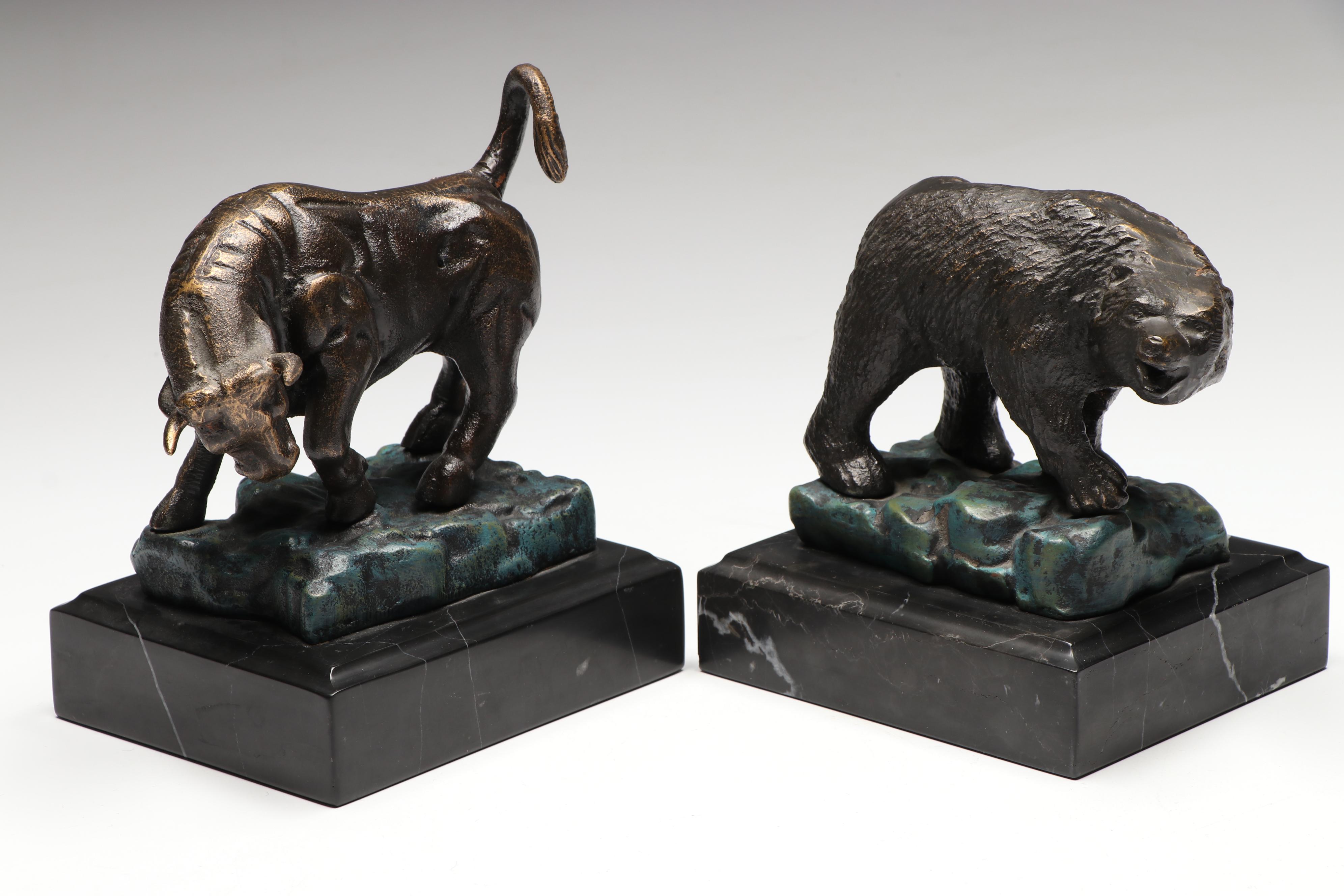 Stock Market Bronzed Metal Bear and Bull on Marble Bookends
