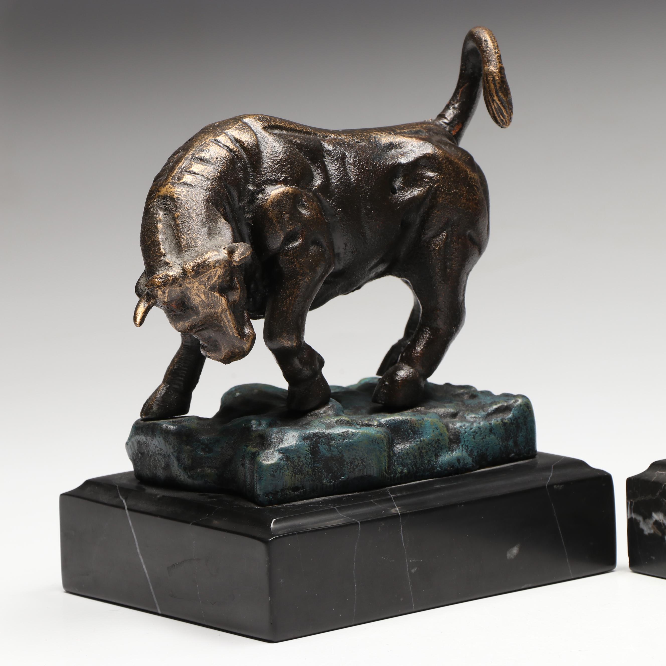 Stock Market Bronzed Metal Bear and Bull on Marble Bookends