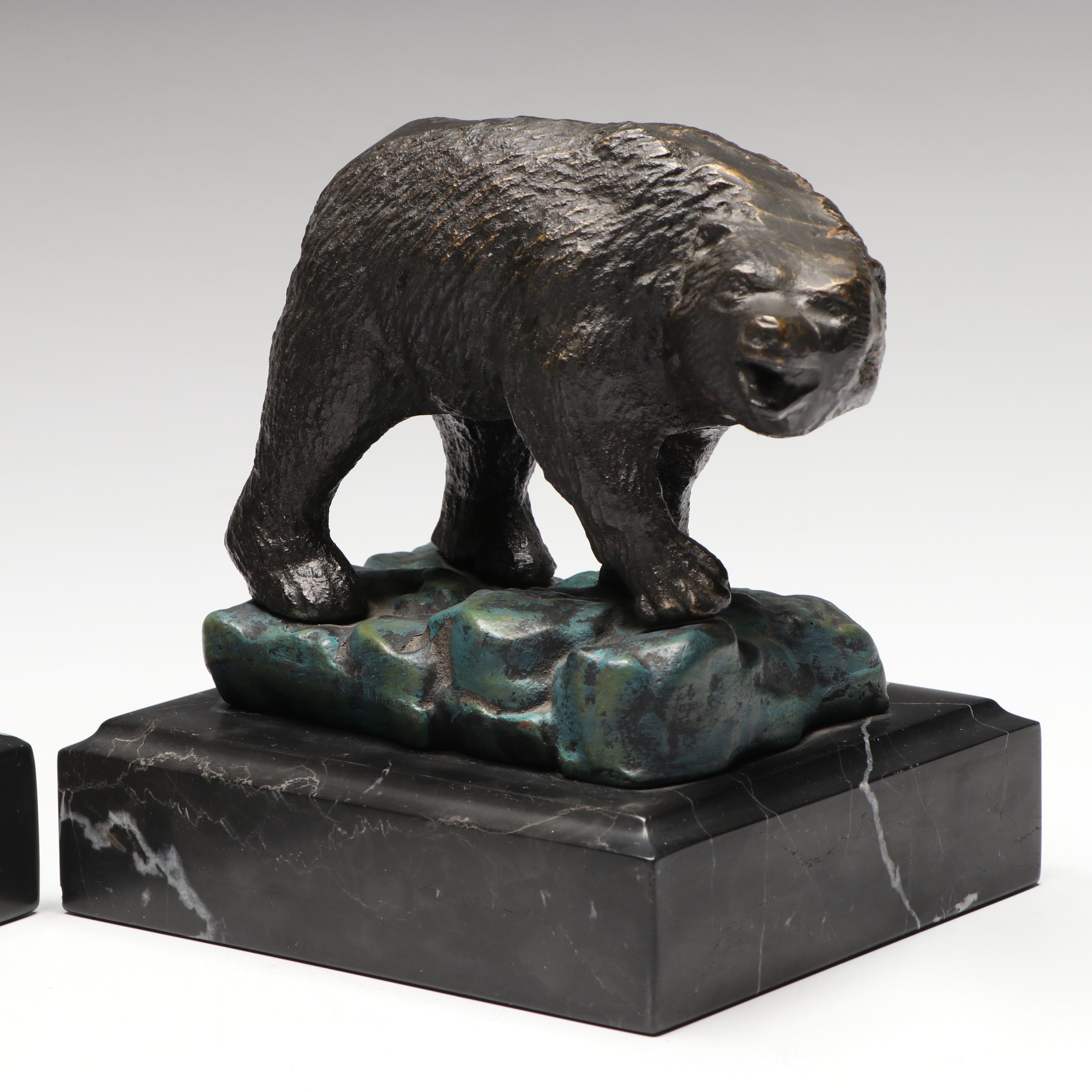 Stock Market Bronzed Metal Bear and Bull on Marble Bookends