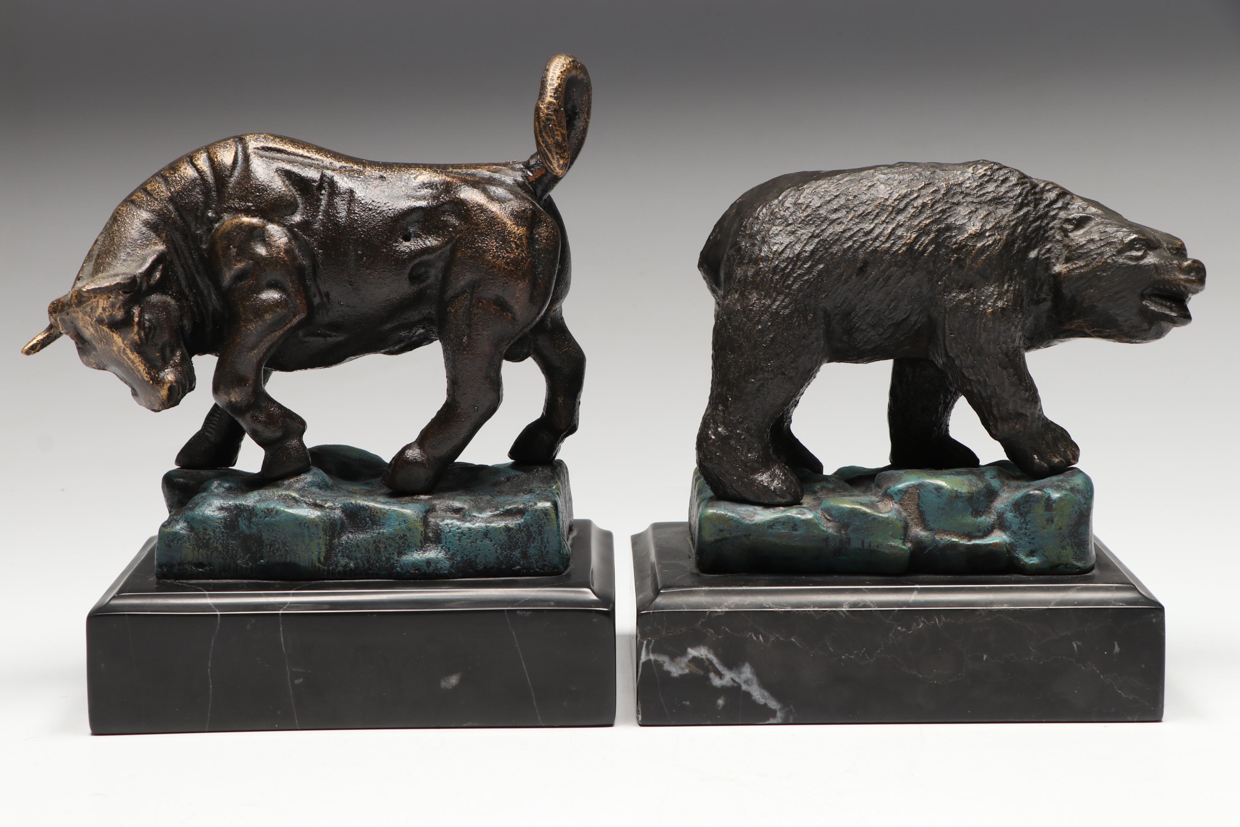 Stock Market Bronzed Metal Bear and Bull on Marble Bookends