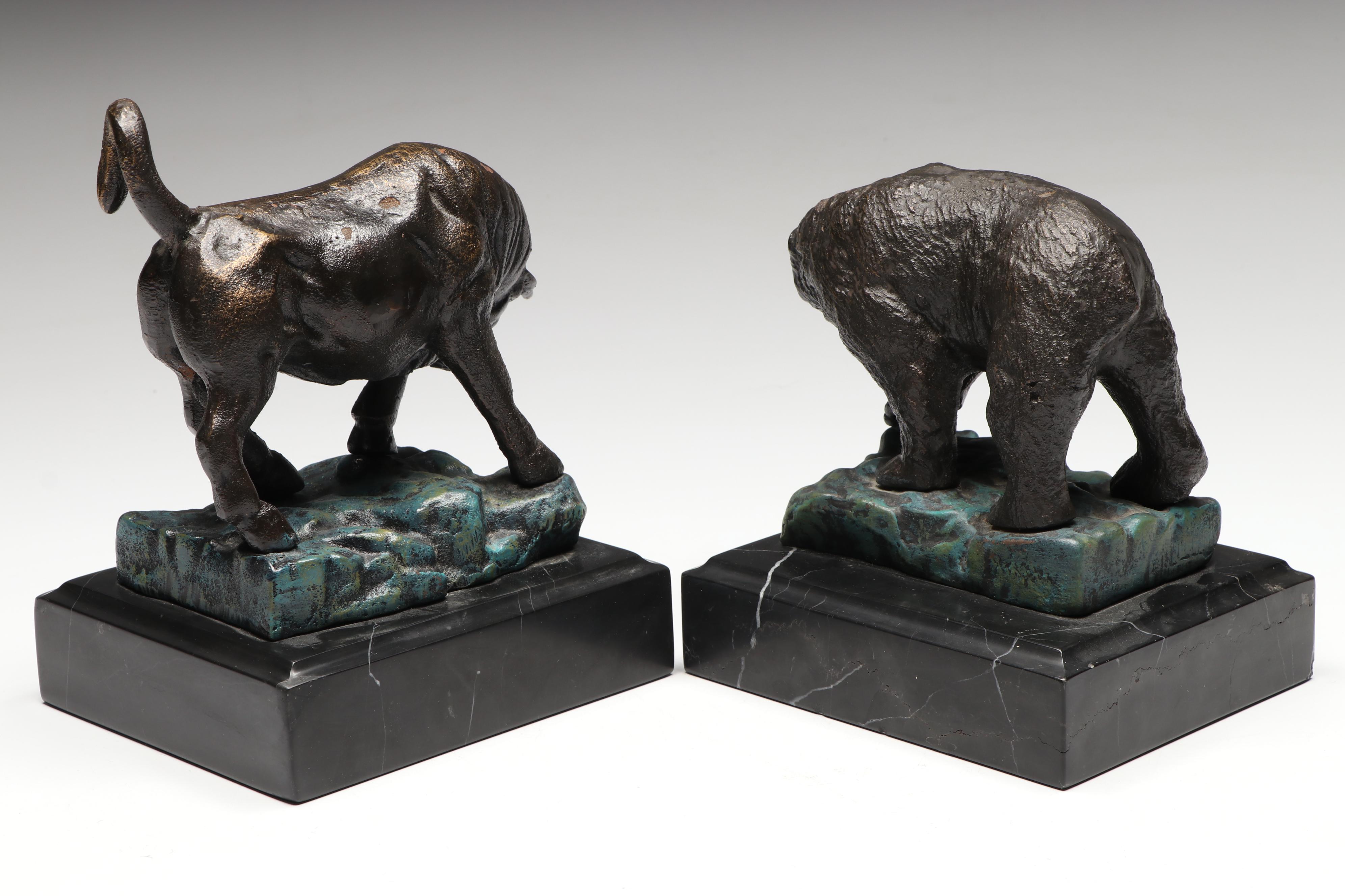 Stock Market Bronzed Metal Bear and Bull on Marble Bookends